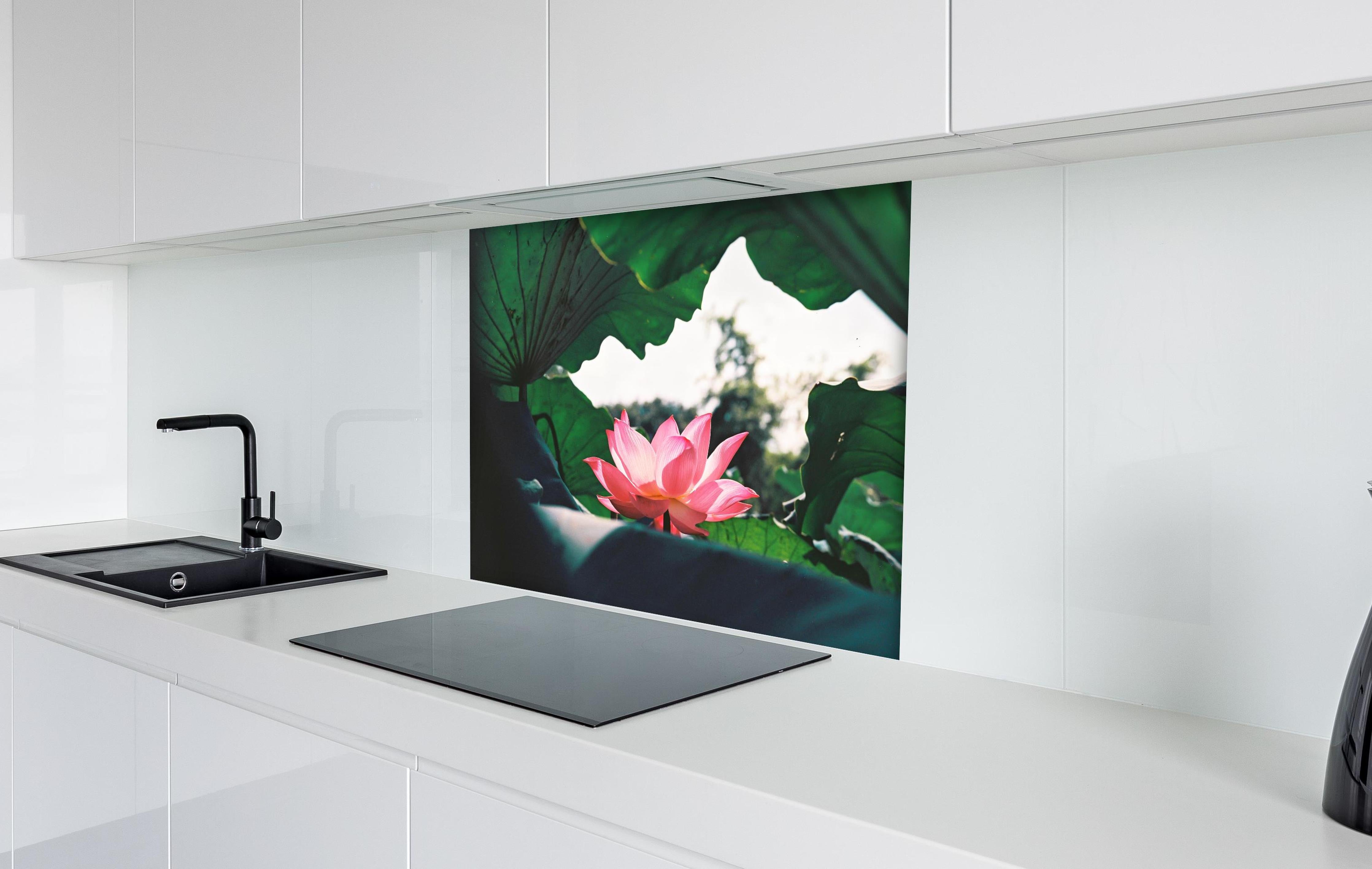 Spritzschutz - Lotosblume inmitten von Blättern hinter einem Cerankochfeld zwischen Holz-Kochutensilien