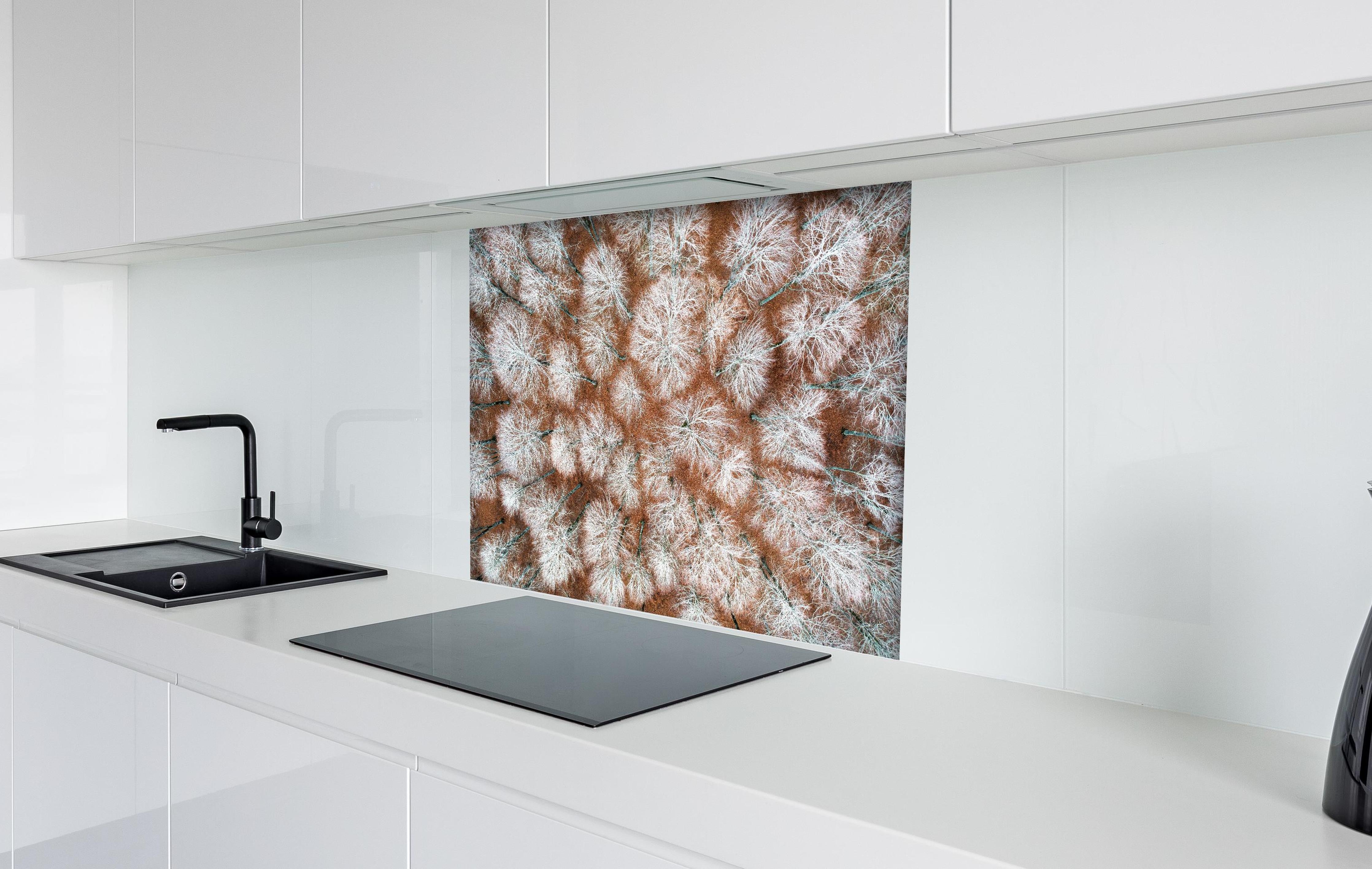 Spritzschutz - Luftansicht Herbstwald in Rot-Orange Tönen hinter einem Cerankochfeld zwischen Holz-Kochutensilien