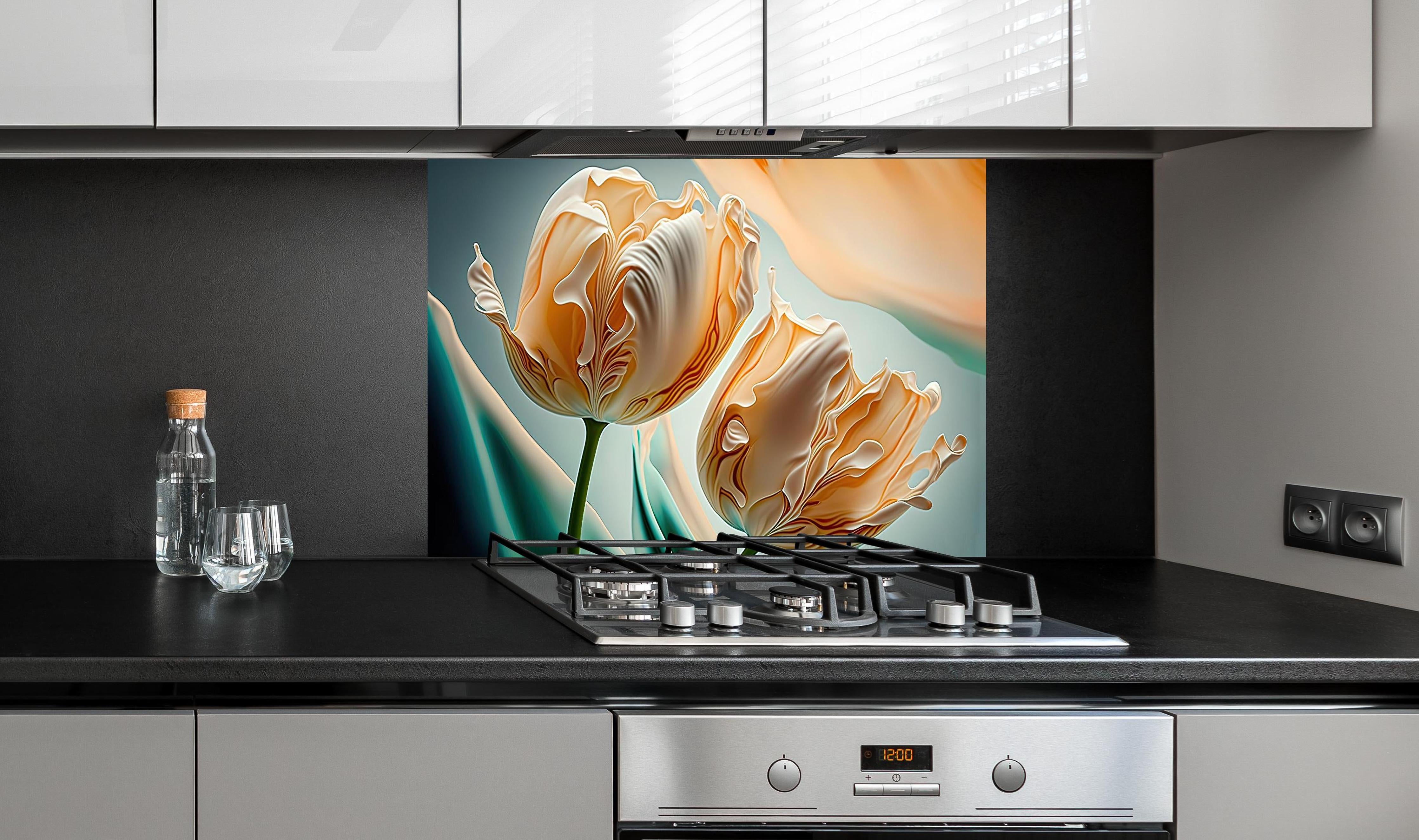 Spritzschutz - Luxuriöse abstrakte Tulpen Fluid Art hinter einem Cerankochfeld zwischen Holz-Kochutensilien