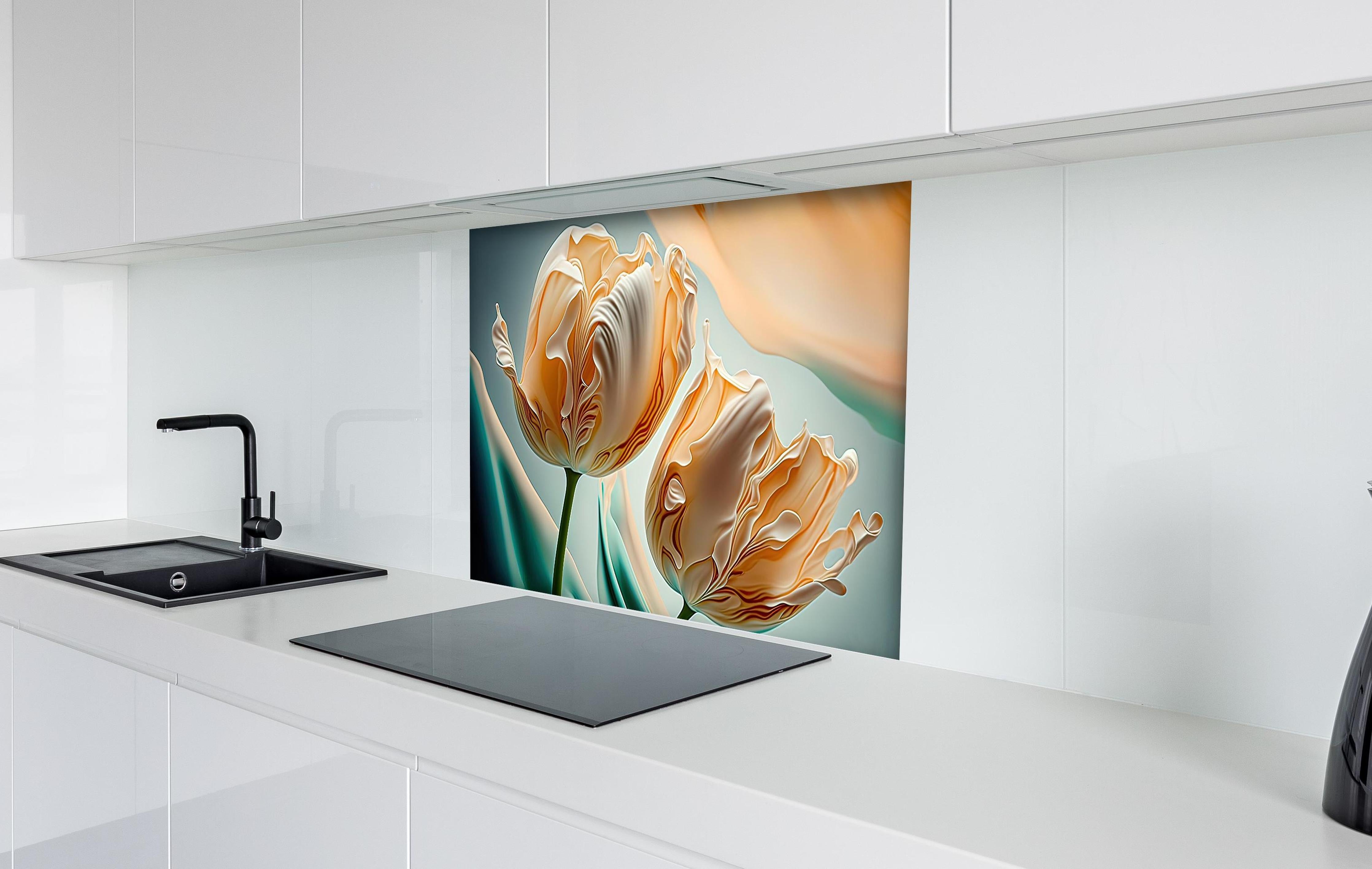 Spritzschutz - Luxuriöse abstrakte Tulpen Fluid Art hinter einem Cerankochfeld zwischen Holz-Kochutensilien