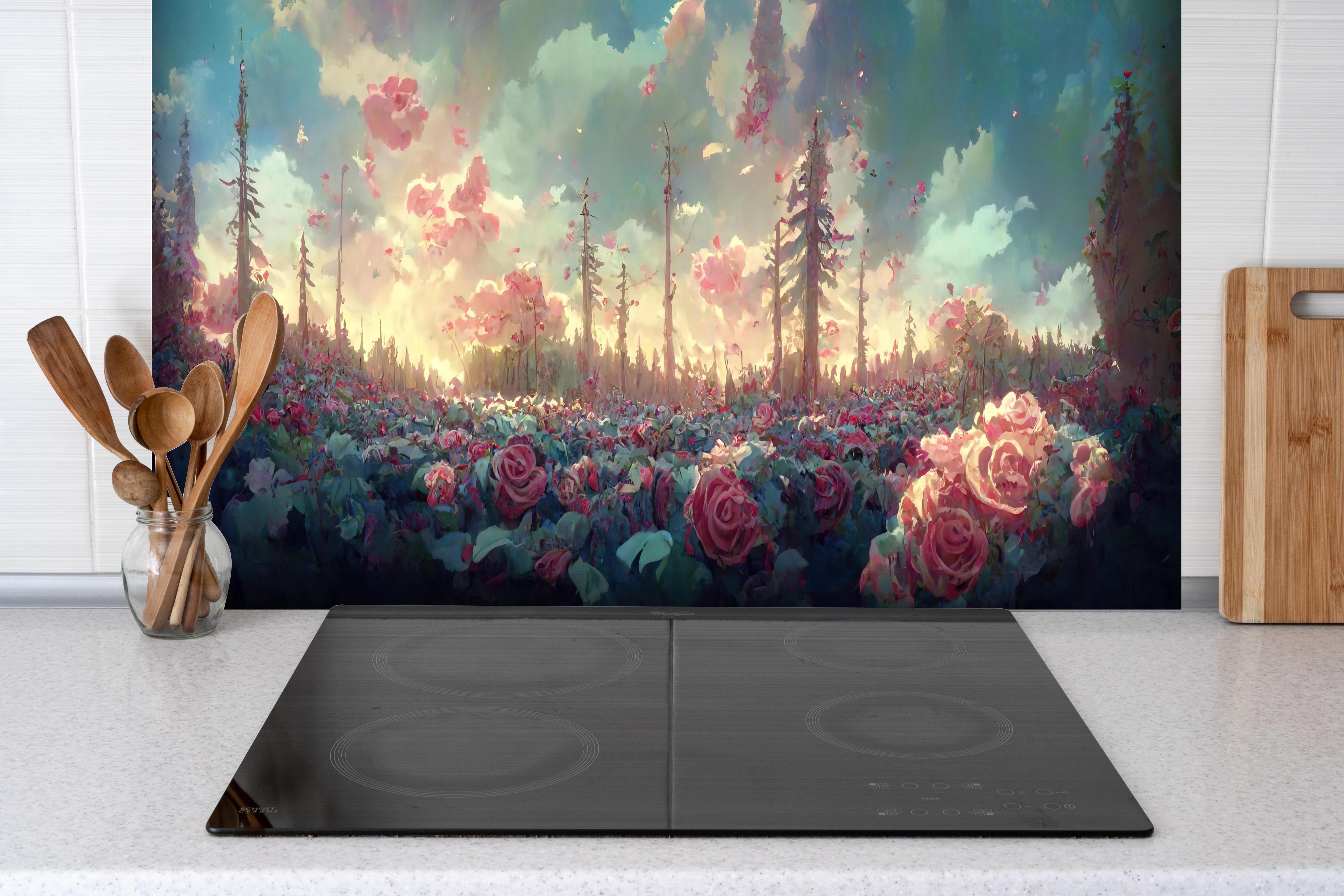 Spritzschutz - Märchenhafter Rosenwald bei Sonnenuntergang hinter einem Cerankochfeld zwischen Holz-Kochutensilien