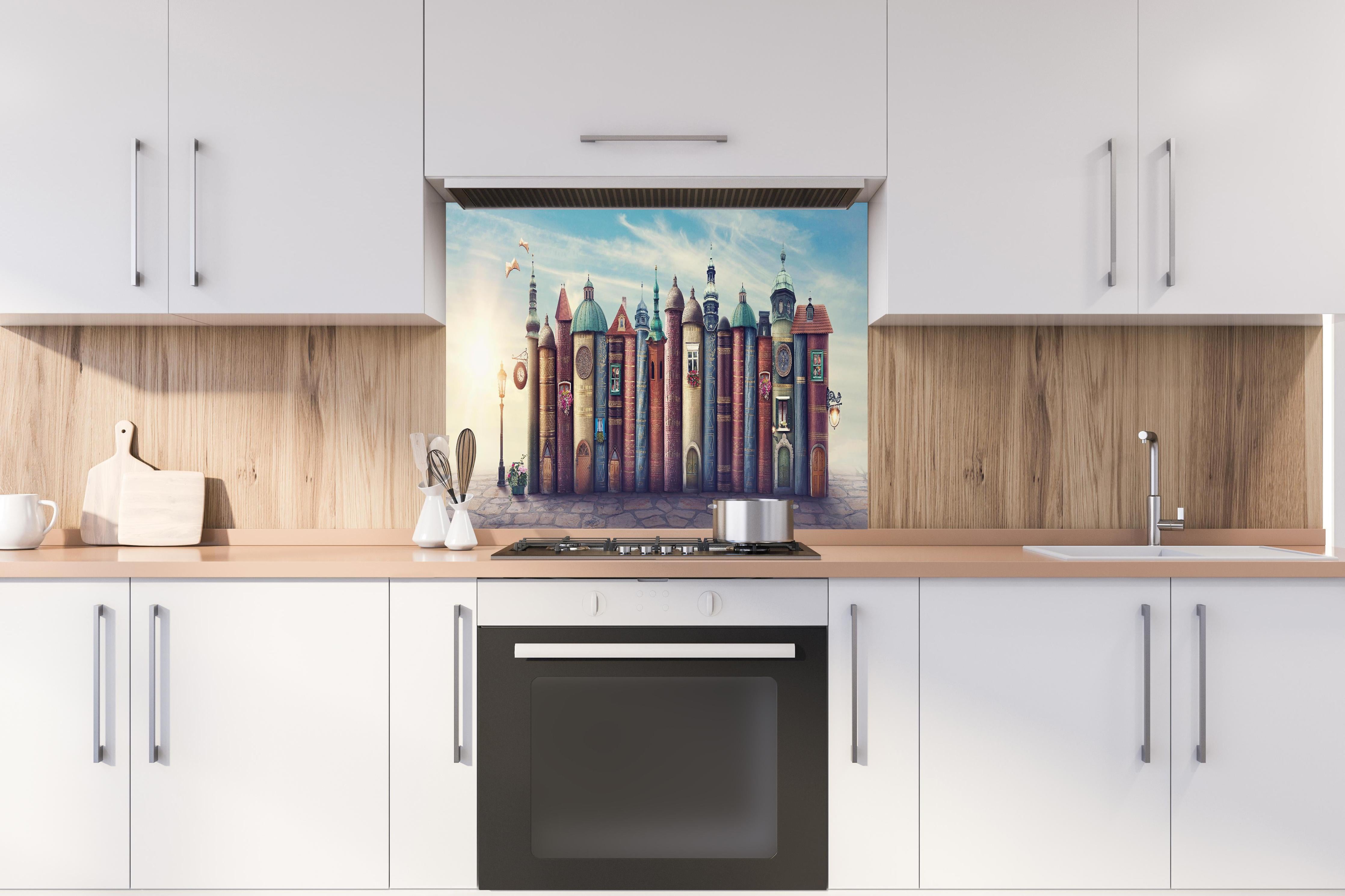 Spritzschutz - Magische Stadt aus Büchern hinter einem Cerankochfeld zwischen Holz-Kochutensilien