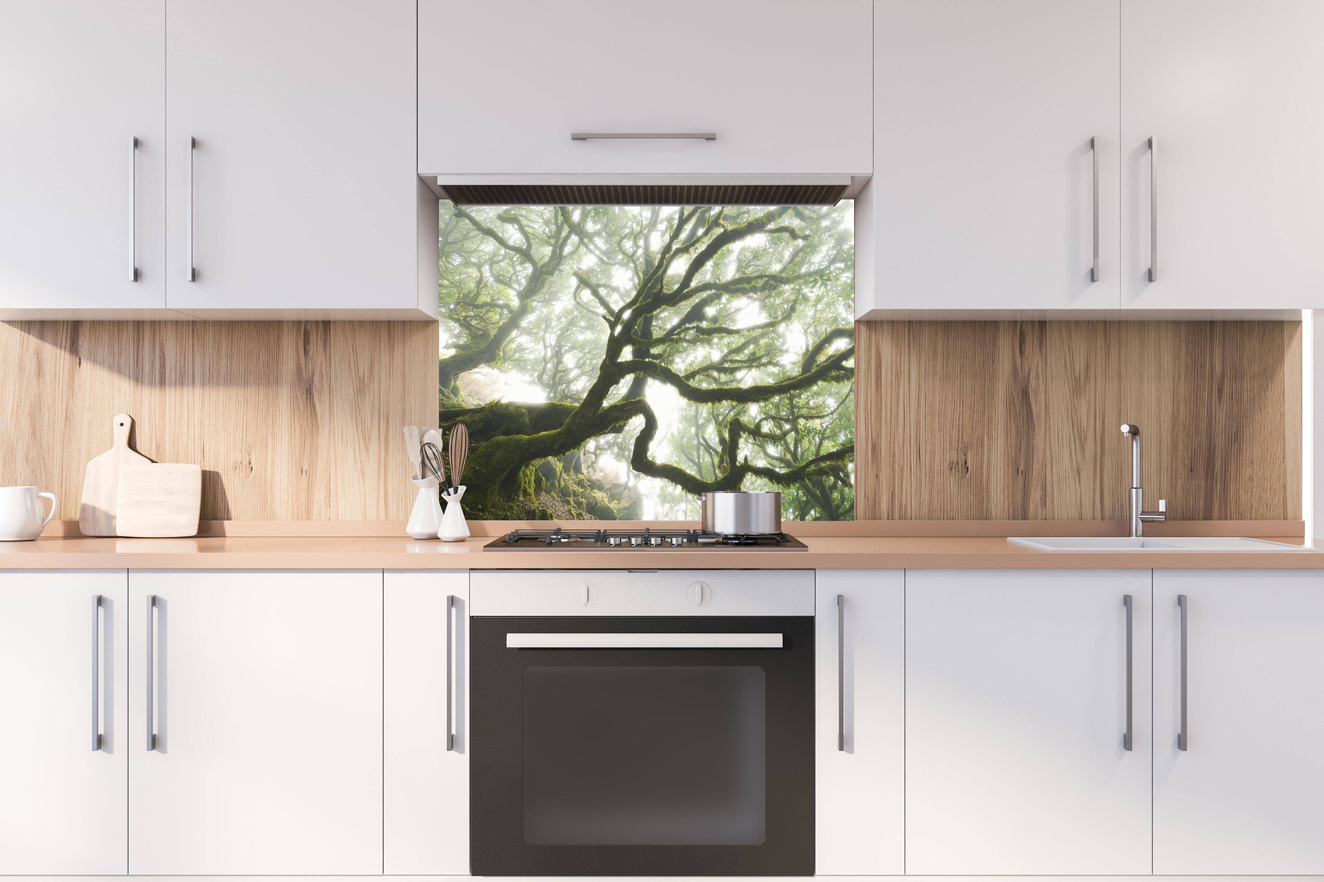 Spritzschutz - Magischer Baum hinter einem Cerankochfeld zwischen Holz-Kochutensilien