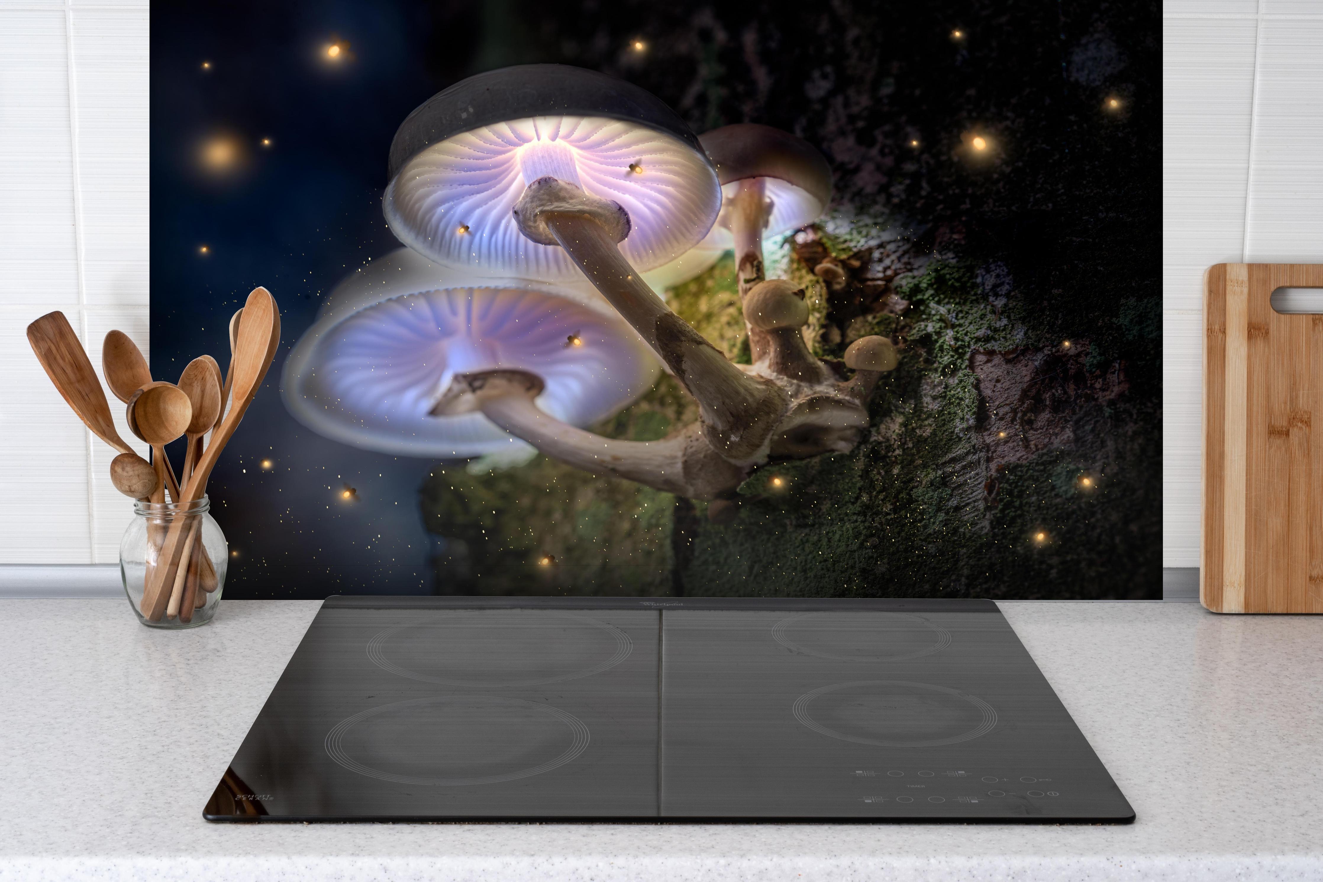 Spritzschutz - Magischer Baumpilz hinter einem Cerankochfeld zwischen Holz-Kochutensilien