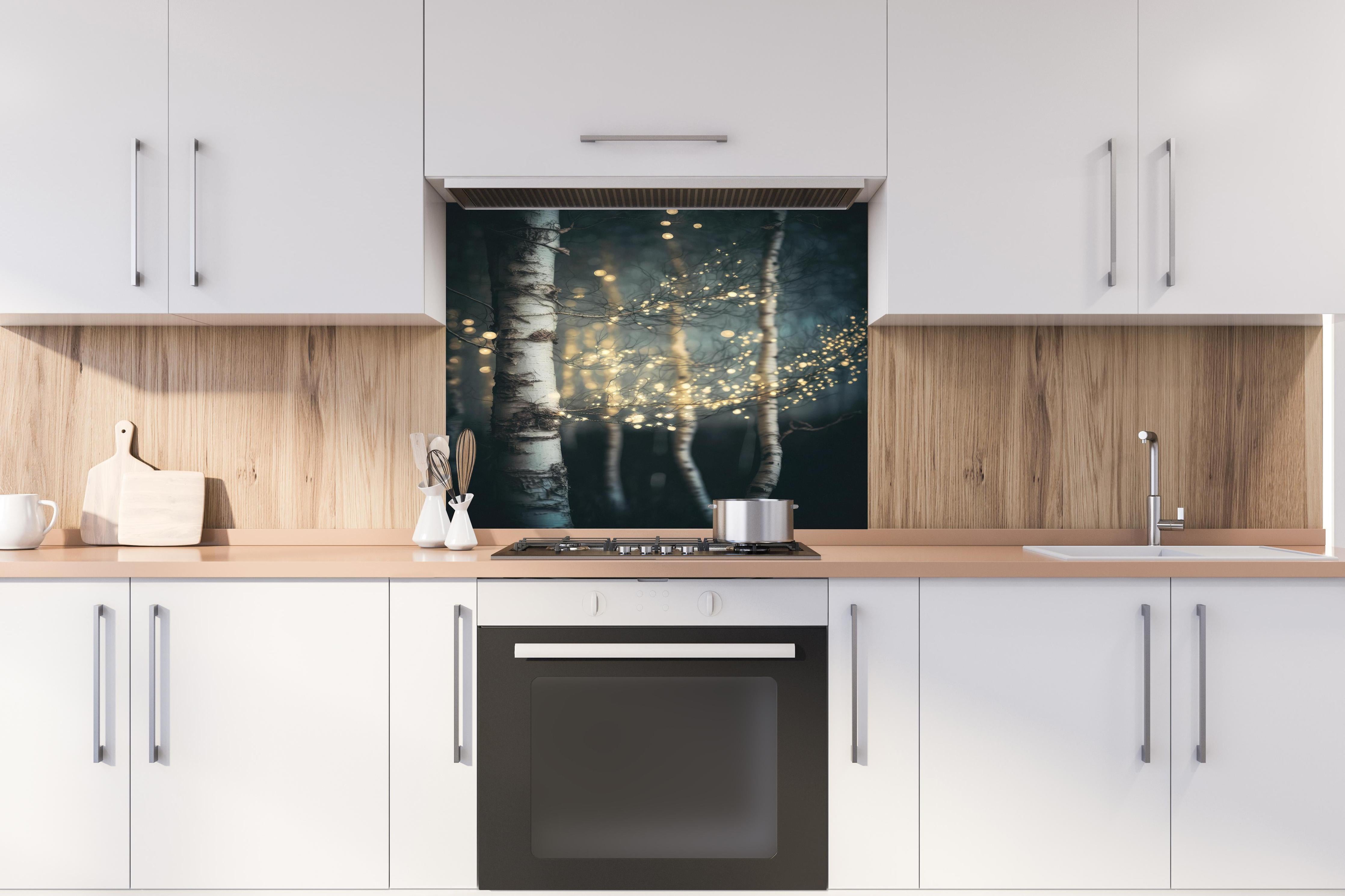 Spritzschutz - Magischer Wald hinter einem Cerankochfeld zwischen Holz-Kochutensilien