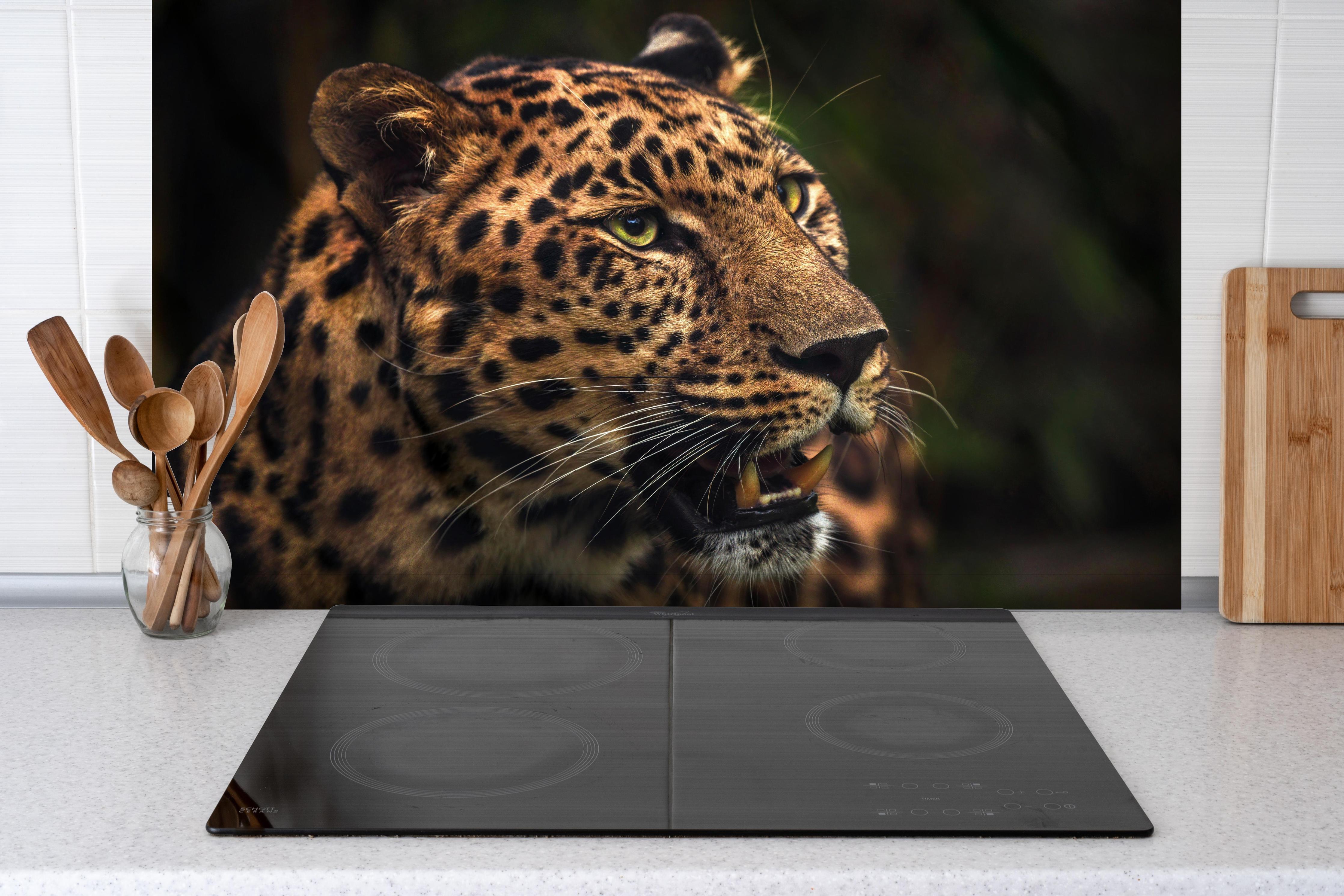 Spritzschutz - Majestätischer Amur-Leopard hinter einem Cerankochfeld zwischen Holz-Kochutensilien