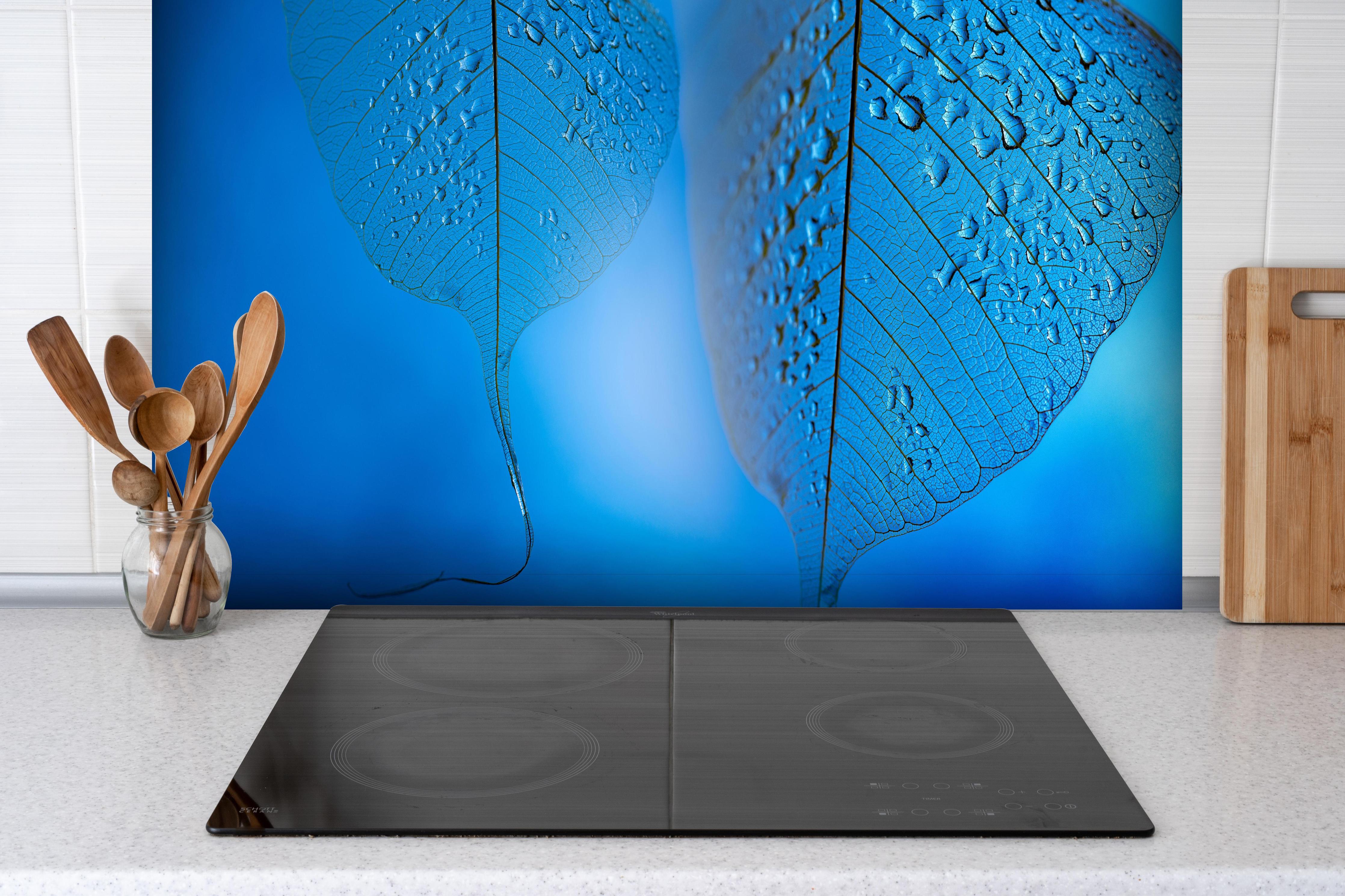 Spritzschutz - Makroaufnahme Blatt mit Tautropfen Blau hinter einem Cerankochfeld zwischen Holz-Kochutensilien