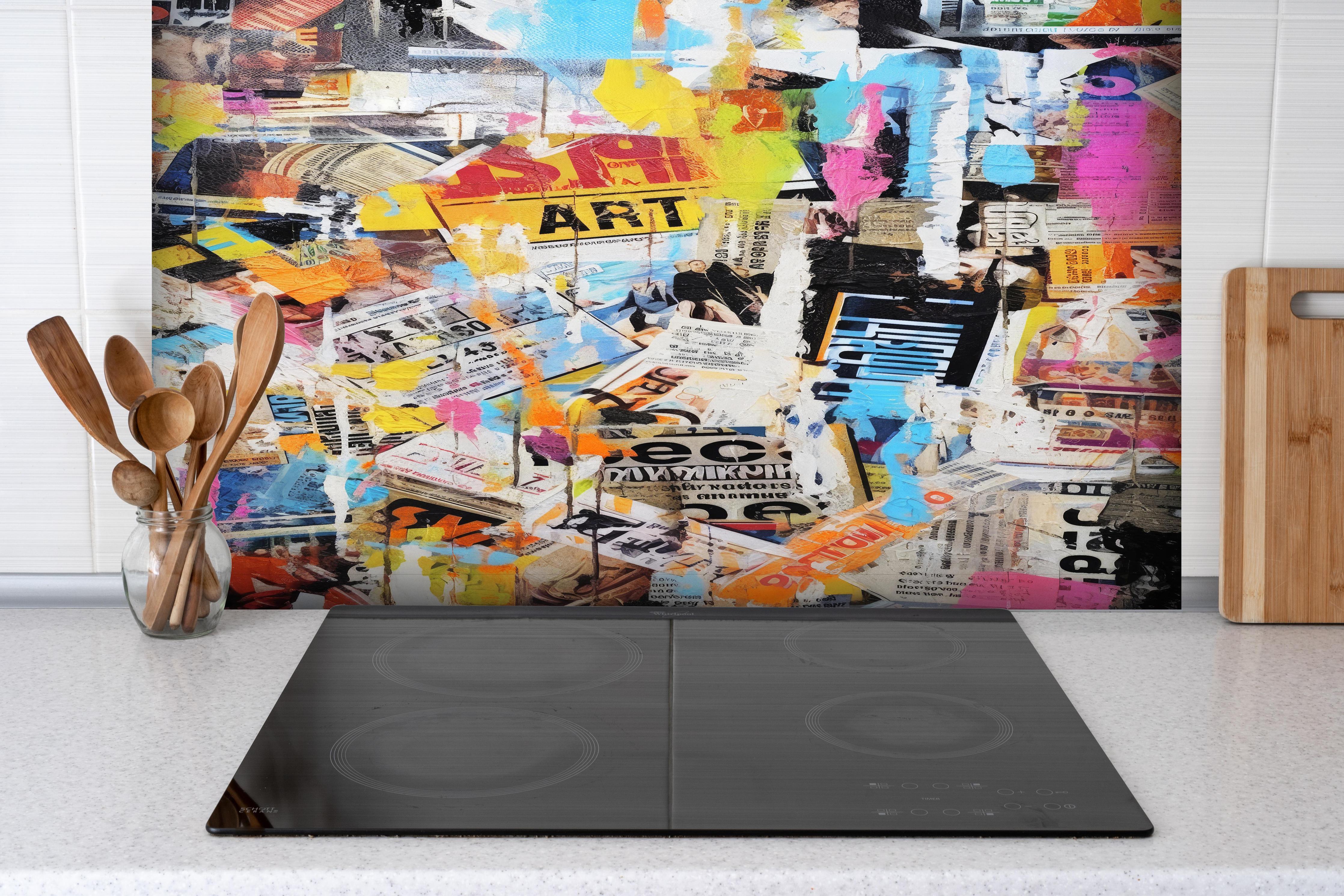 Spritzschutz - Makroaufnahme Lavendel in Pastellfarben hinter einem Cerankochfeld zwischen Holz-Kochutensilien