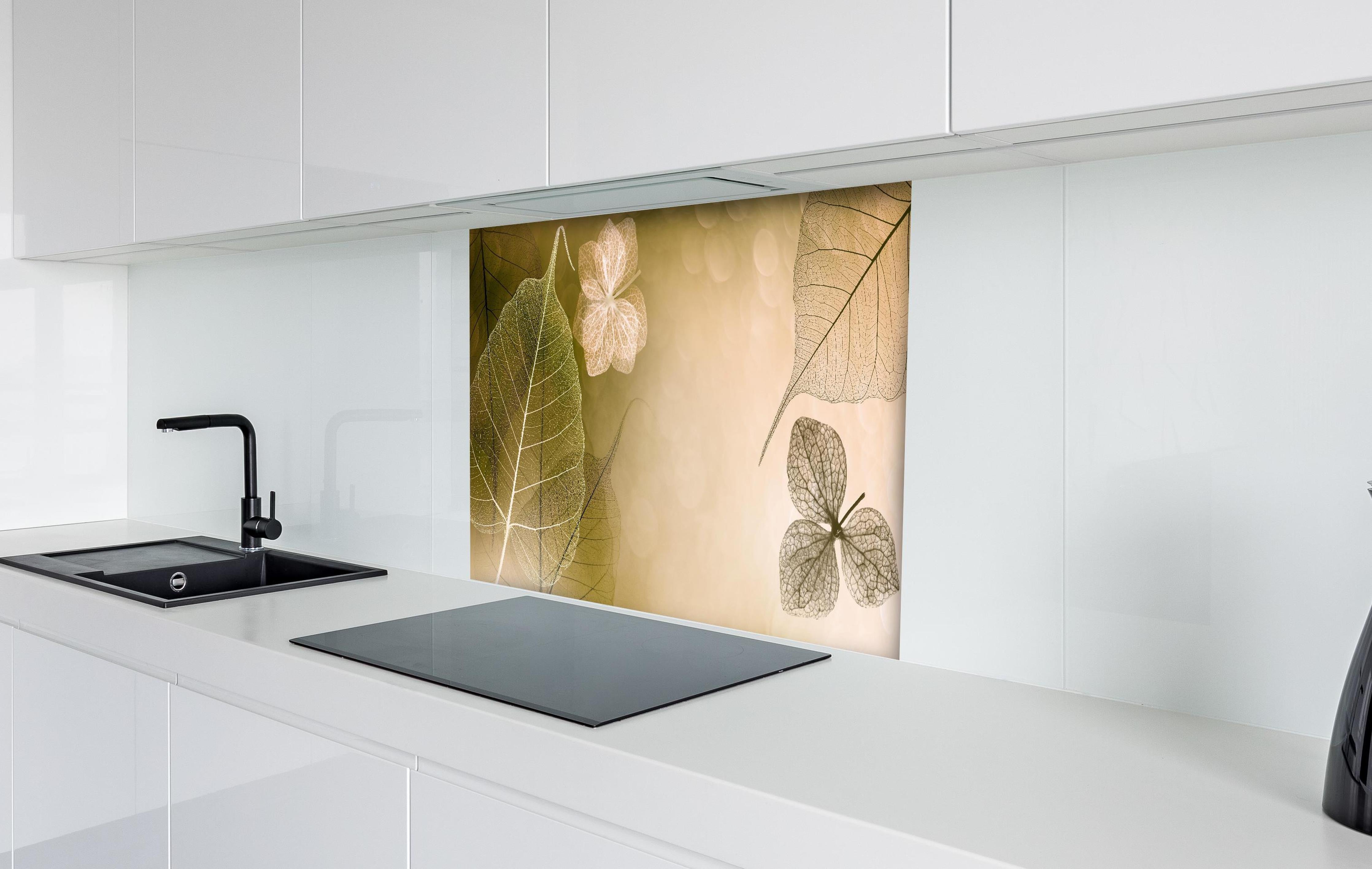 Spritzschutz - Makrofotografie Blattadern künstlerisch hinter einem Cerankochfeld zwischen Holz-Kochutensilien