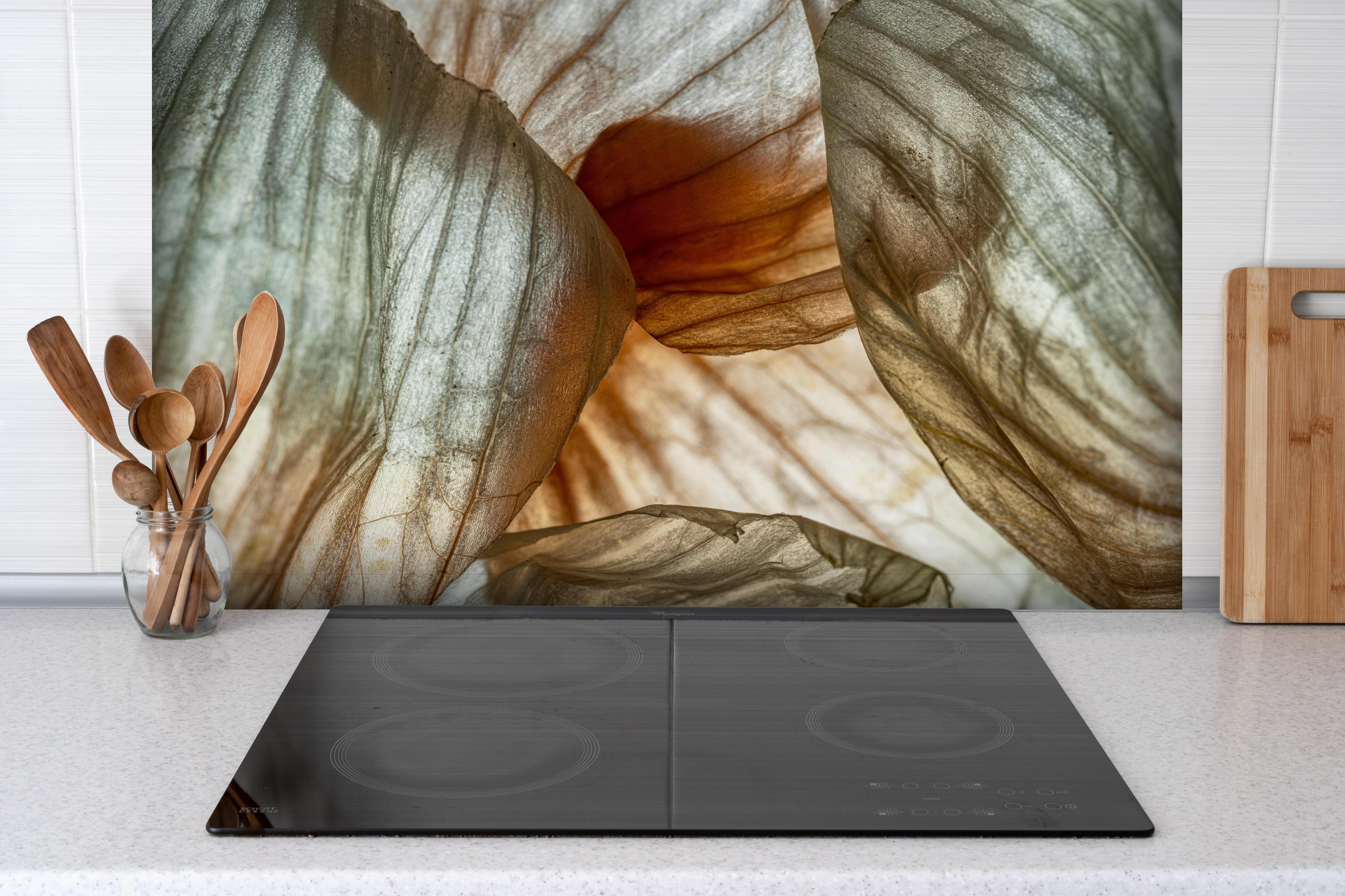 Spritzschutz - Makrofotografie der Schalenblatttextur einer Zwiebel hinter einem Cerankochfeld zwischen Holz-Kochutensilien