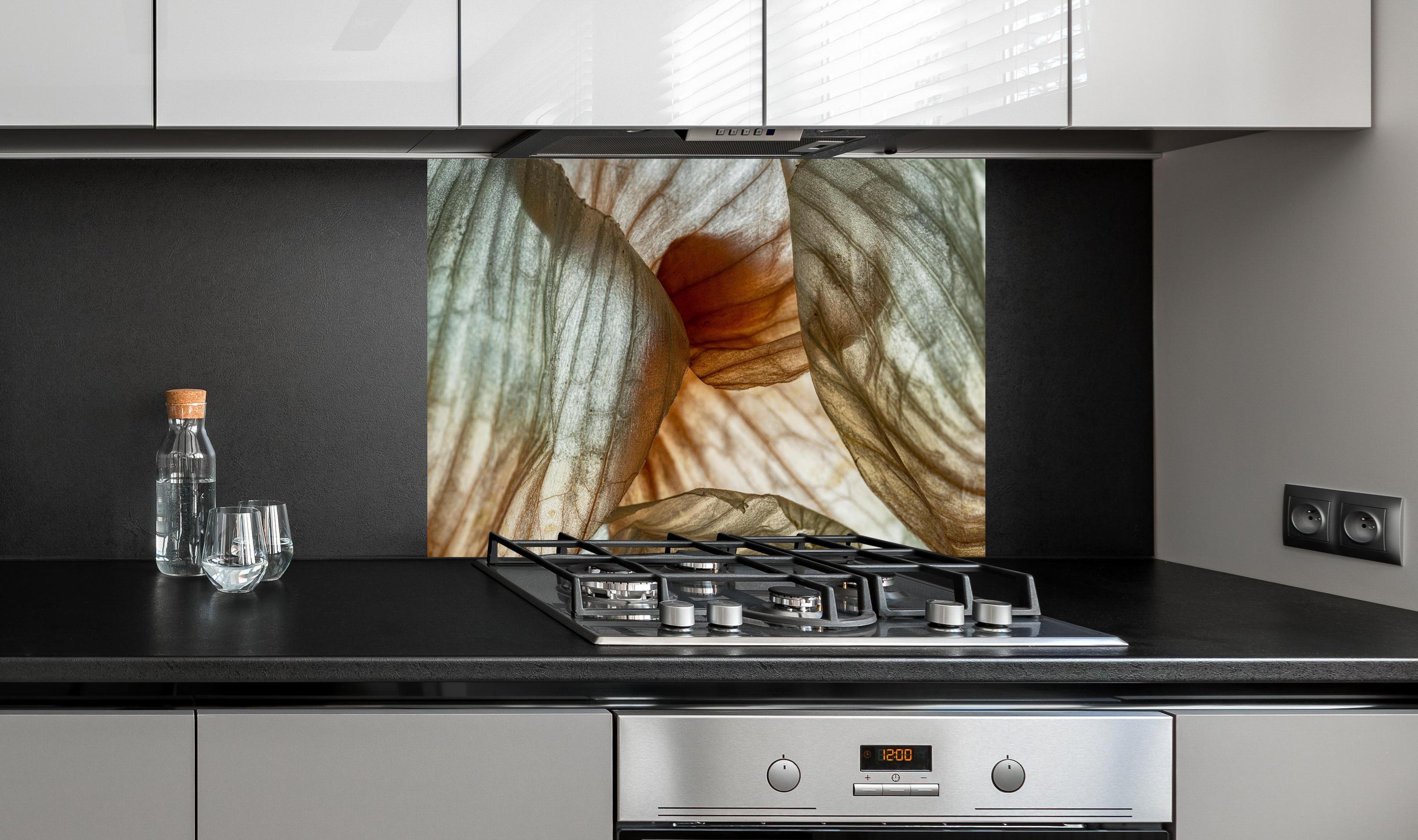 Spritzschutz - Makrofotografie der Schalenblatttextur einer Zwiebel hinter einem Cerankochfeld zwischen Holz-Kochutensilien