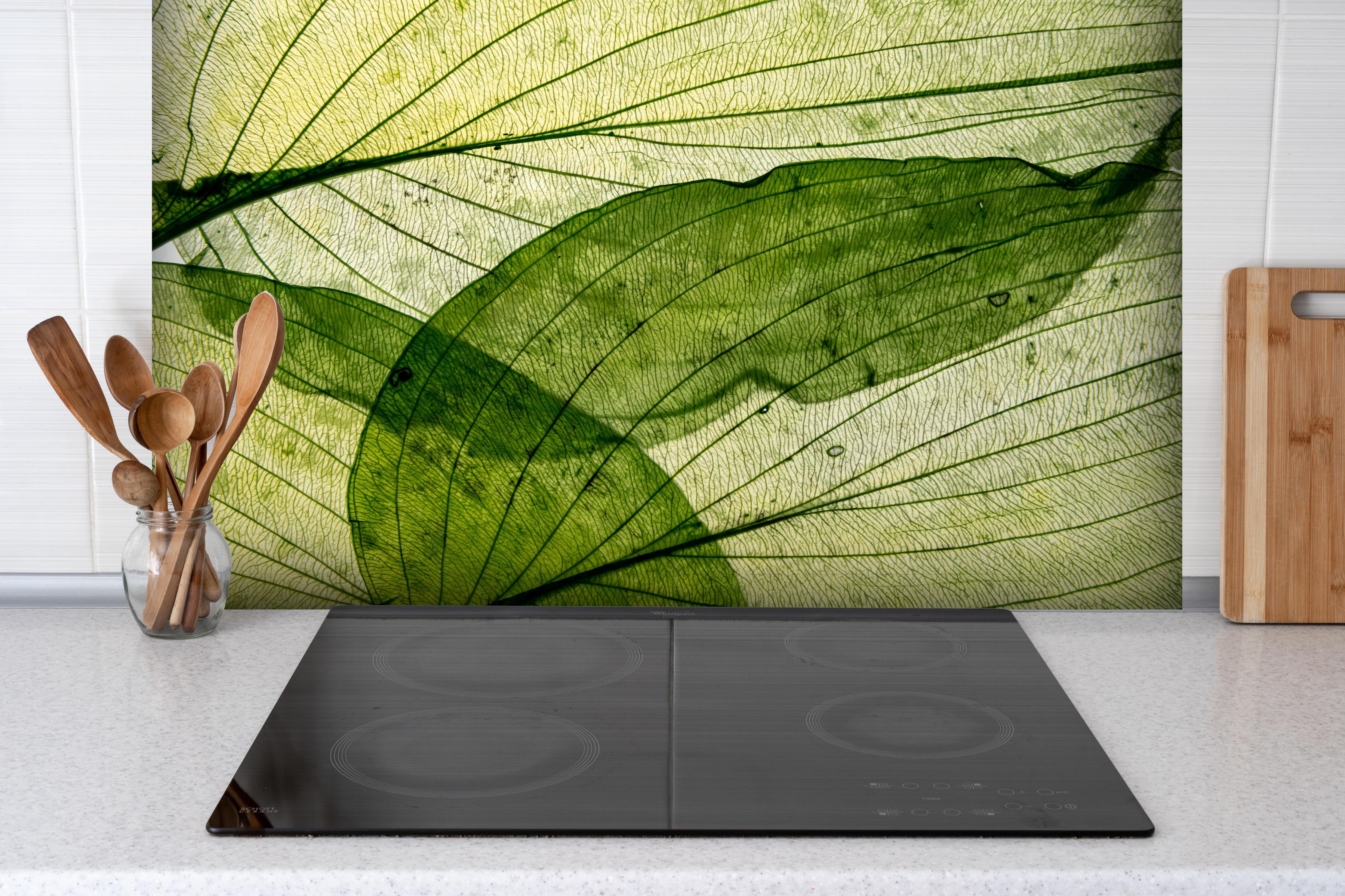 Spritzschutz - Makrotextur von herbstlich getrockneten Blättern hinter einem Cerankochfeld zwischen Holz-Kochutensilien