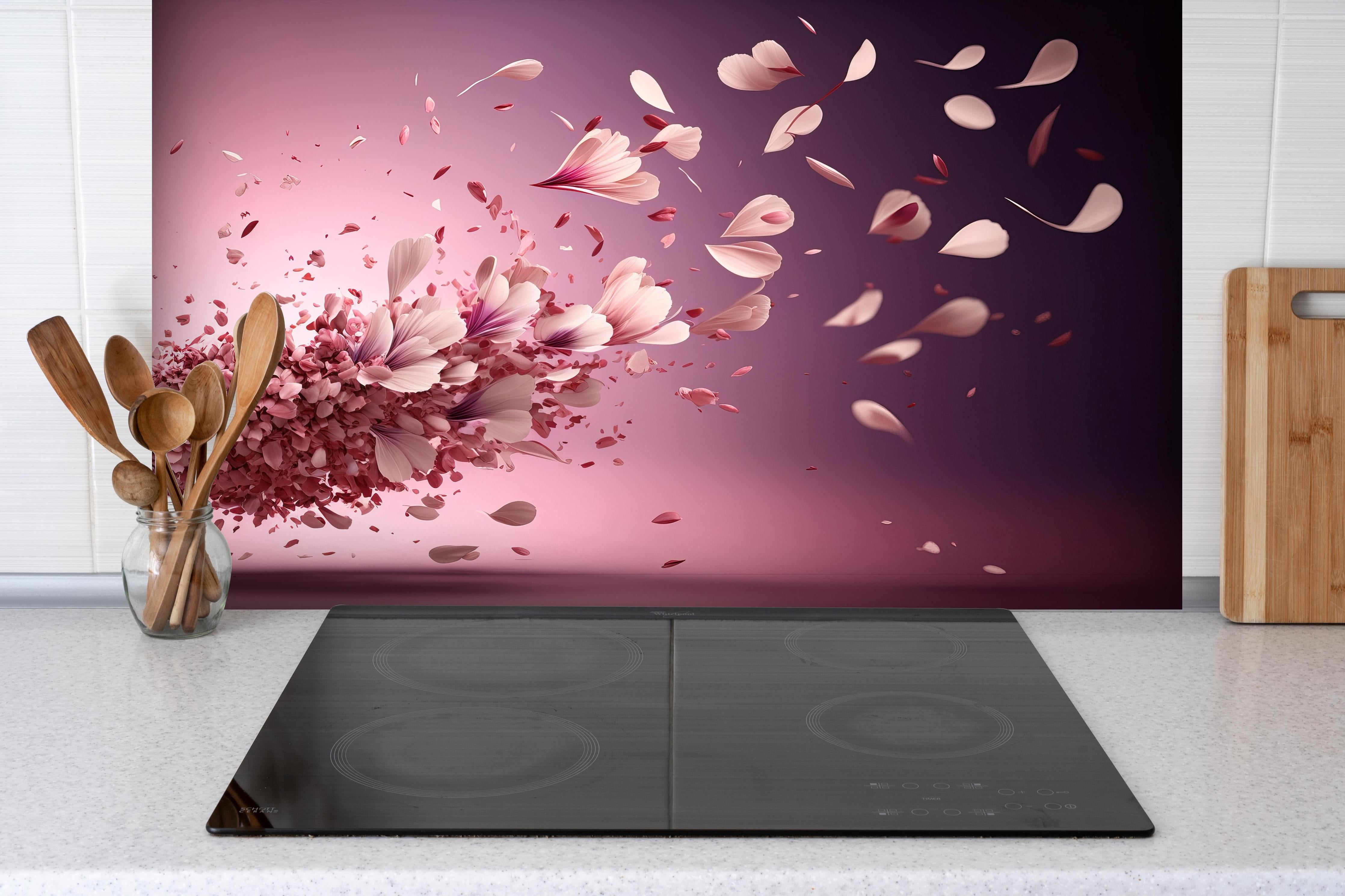 Spritzschutz - Malerische Sakura Blüten Explosion in Rosa hinter einem Cerankochfeld zwischen Holz-Kochutensilien