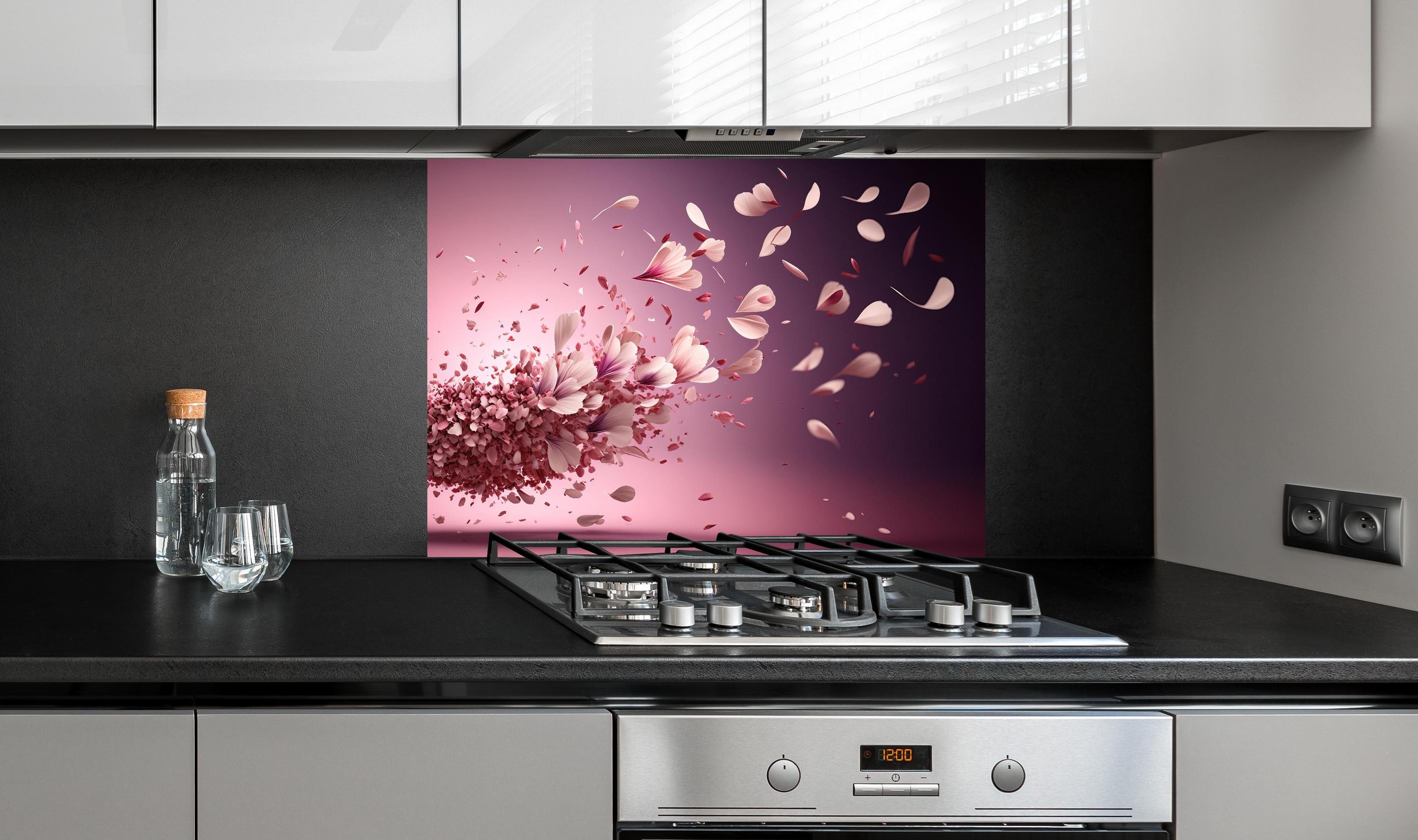 Spritzschutz - Malerische Sakura Blüten Explosion in Rosa hinter einem Cerankochfeld zwischen Holz-Kochutensilien