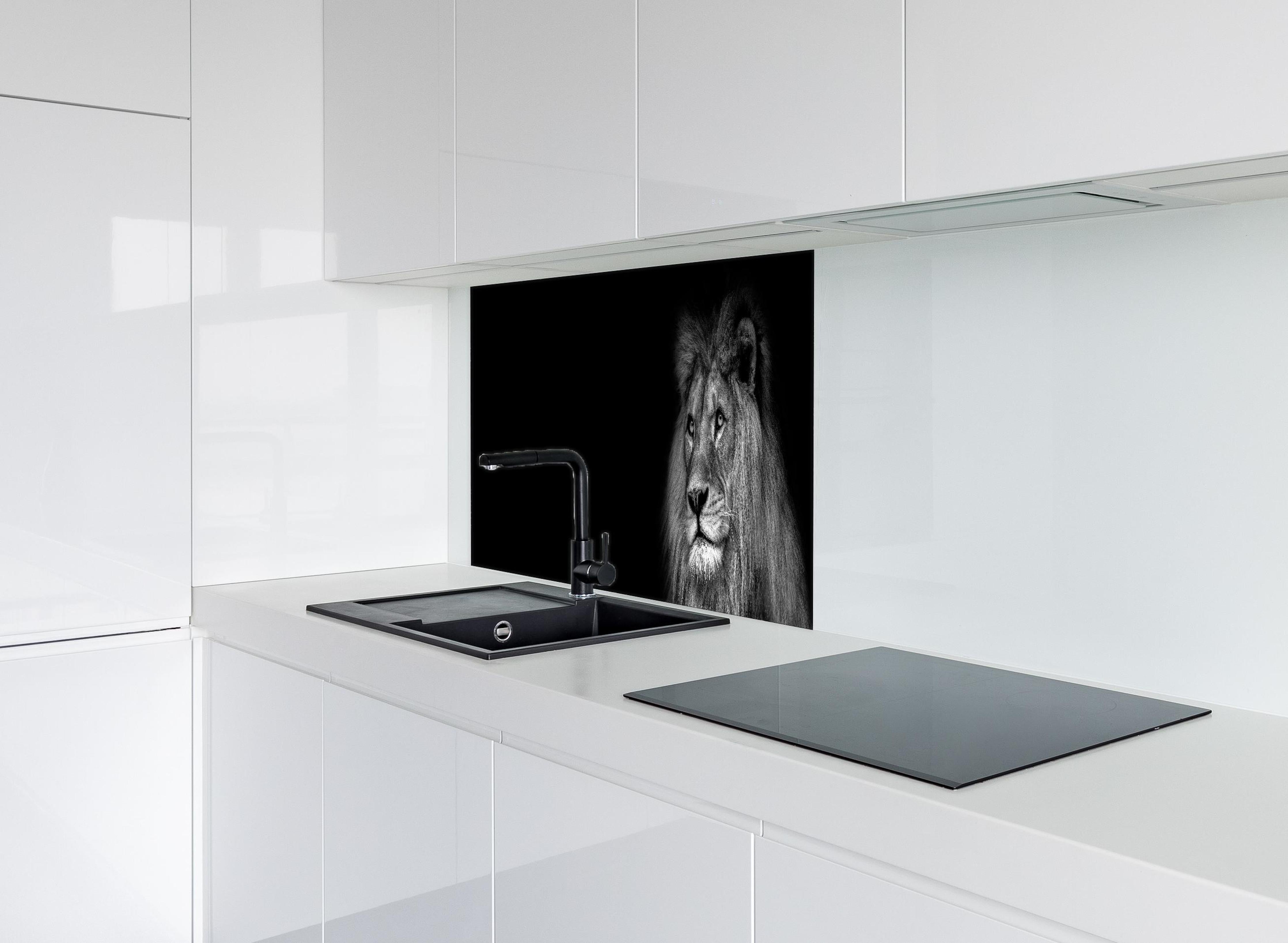 Spritzschutz - Markantes Löwen Gesicht Schwarz-Weiß hinter einem Cerankochfeld zwischen Holz-Kochutensilien