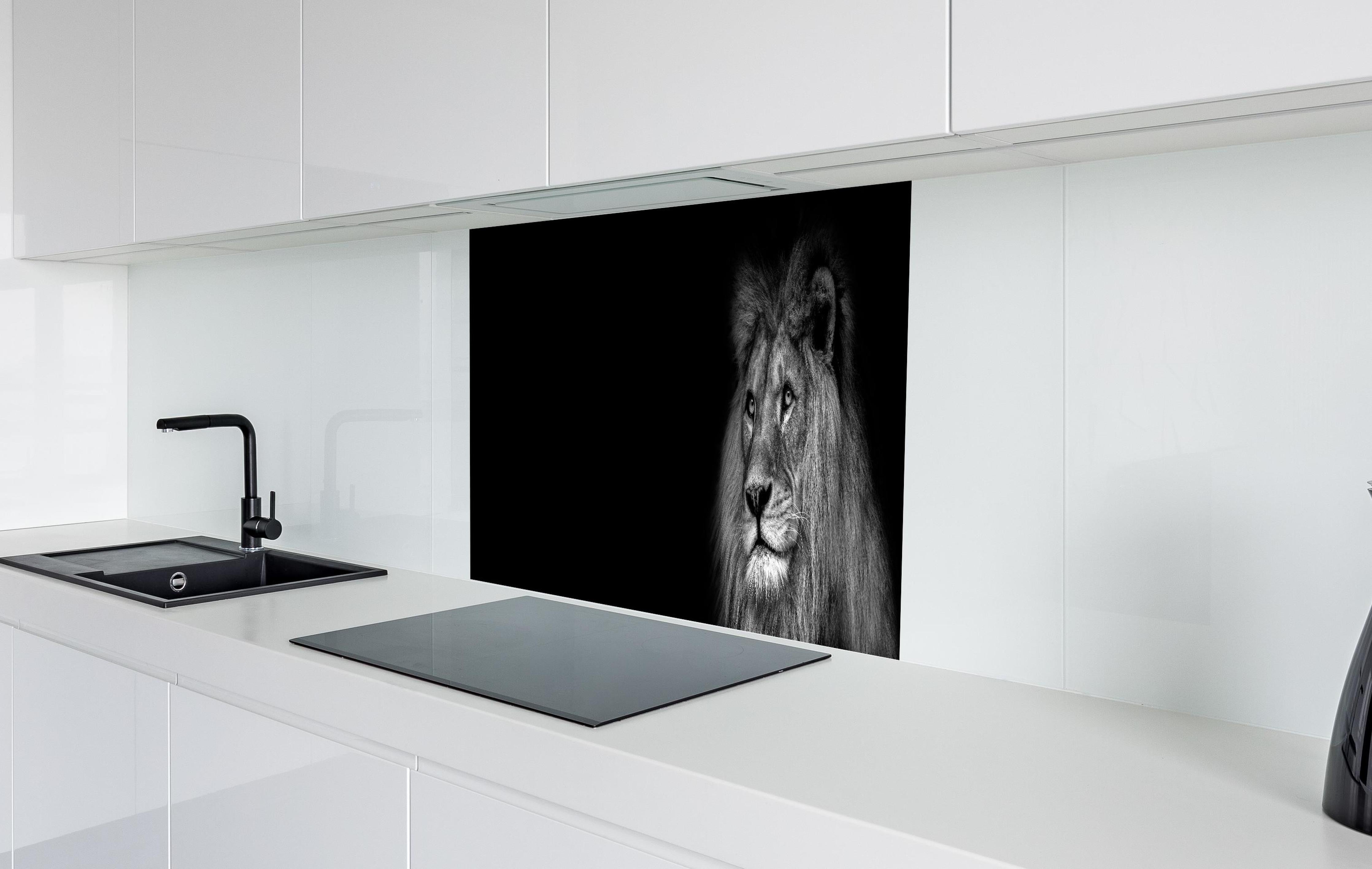 Spritzschutz - Markantes Löwen Gesicht Schwarz-Weiß hinter einem Cerankochfeld zwischen Holz-Kochutensilien