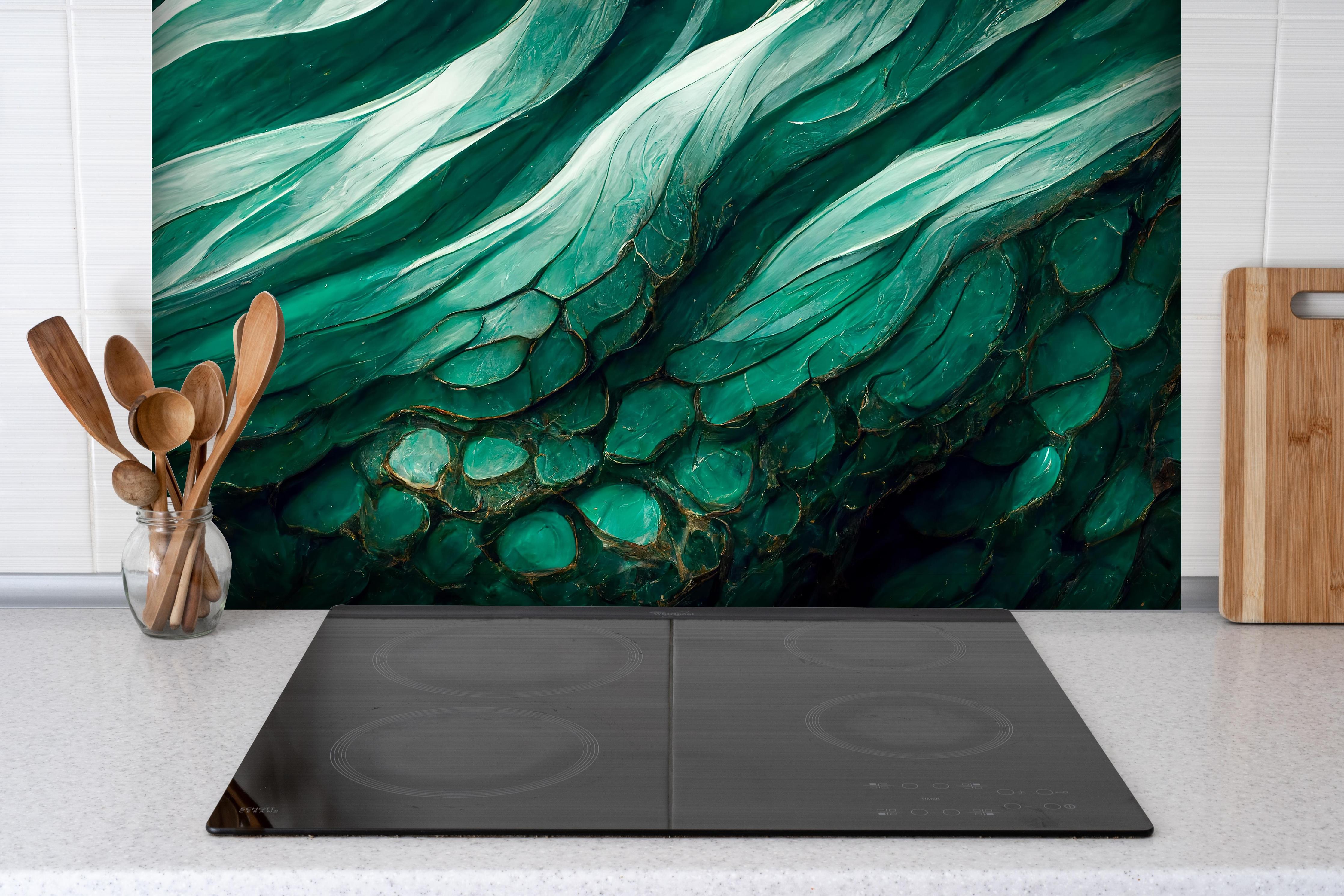 Spritzschutz - Marmor Wirbel wie die Wellen von Achat hinter einem Cerankochfeld zwischen Holz-Kochutensilien