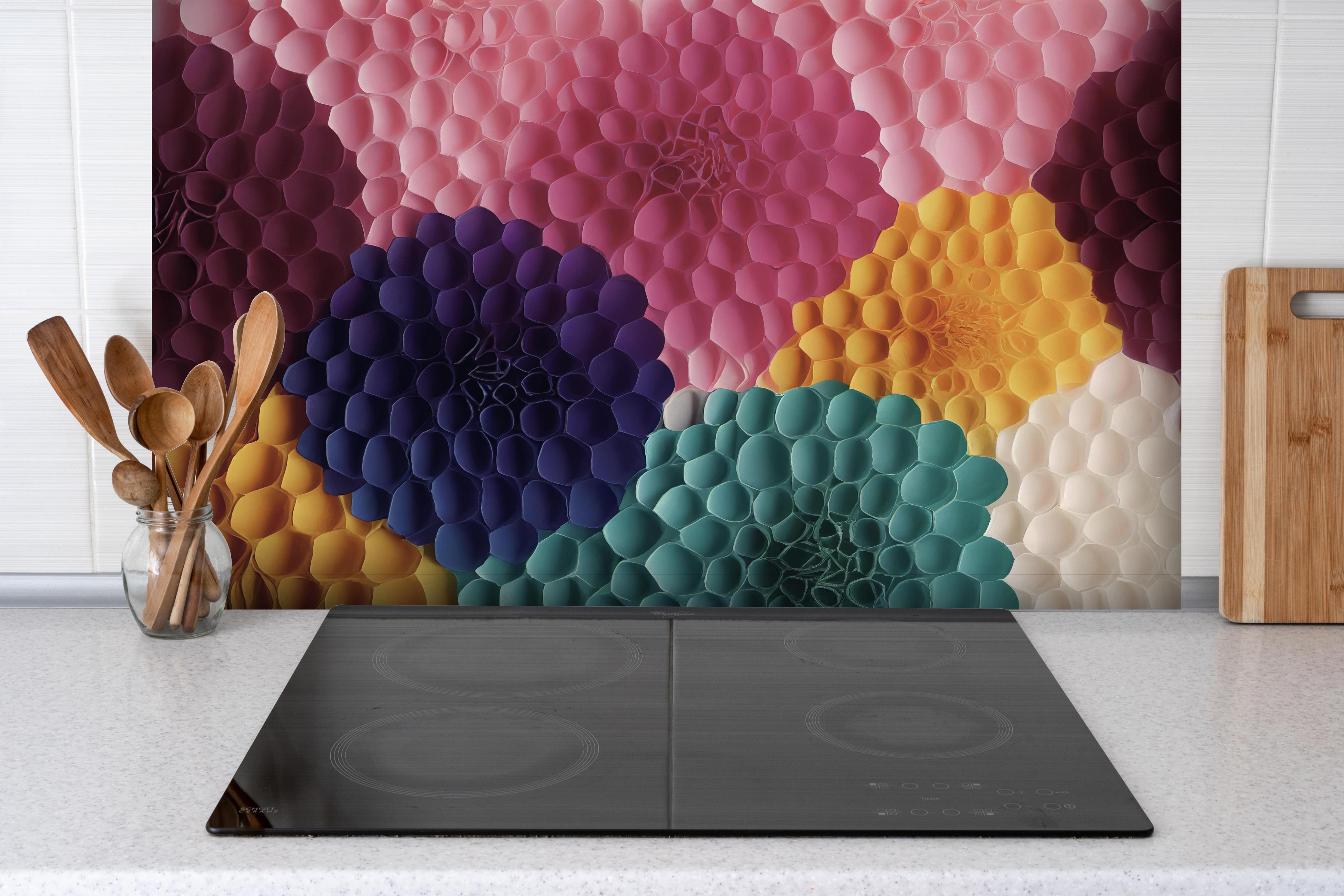 Spritzschutz - Mode Textil Grunge Blüten Wallpaper hinter einem Cerankochfeld zwischen Holz-Kochutensilien