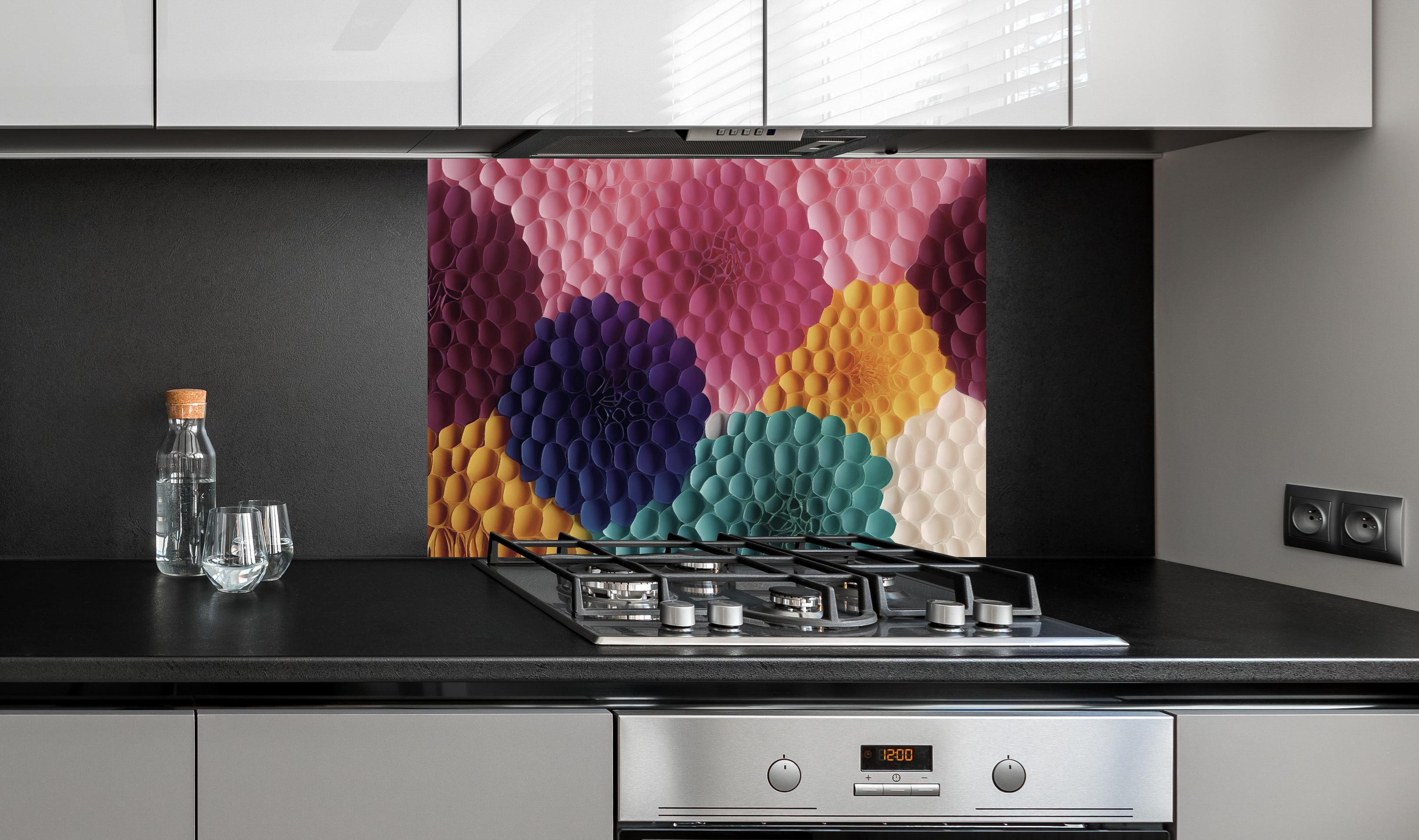 Spritzschutz - Mode Textil Grunge Blüten Wallpaper hinter einem Cerankochfeld zwischen Holz-Kochutensilien