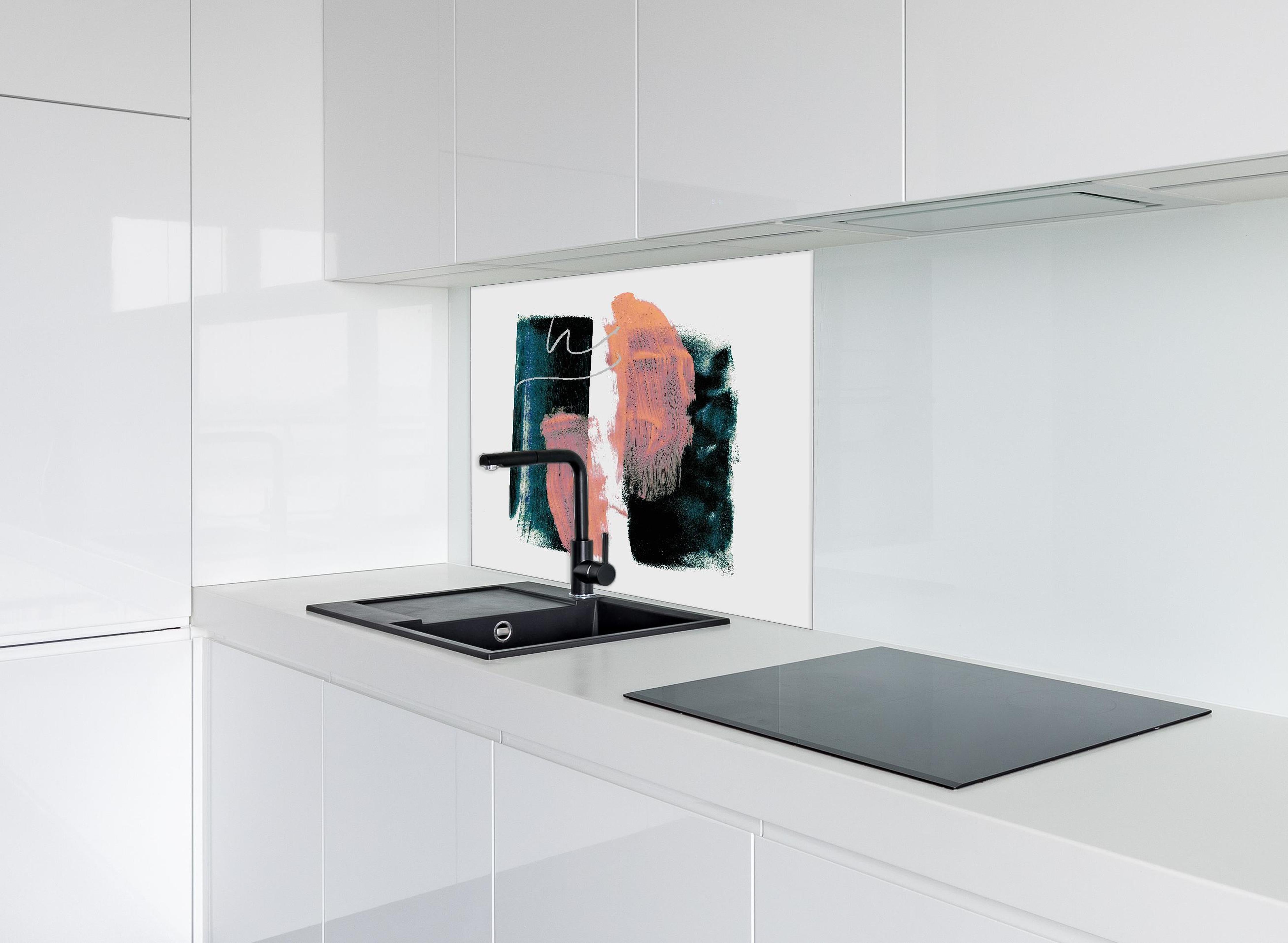 Spritzschutz - Moderne Abstrakte Kunst in Pastell hinter einem Cerankochfeld zwischen Holz-Kochutensilien