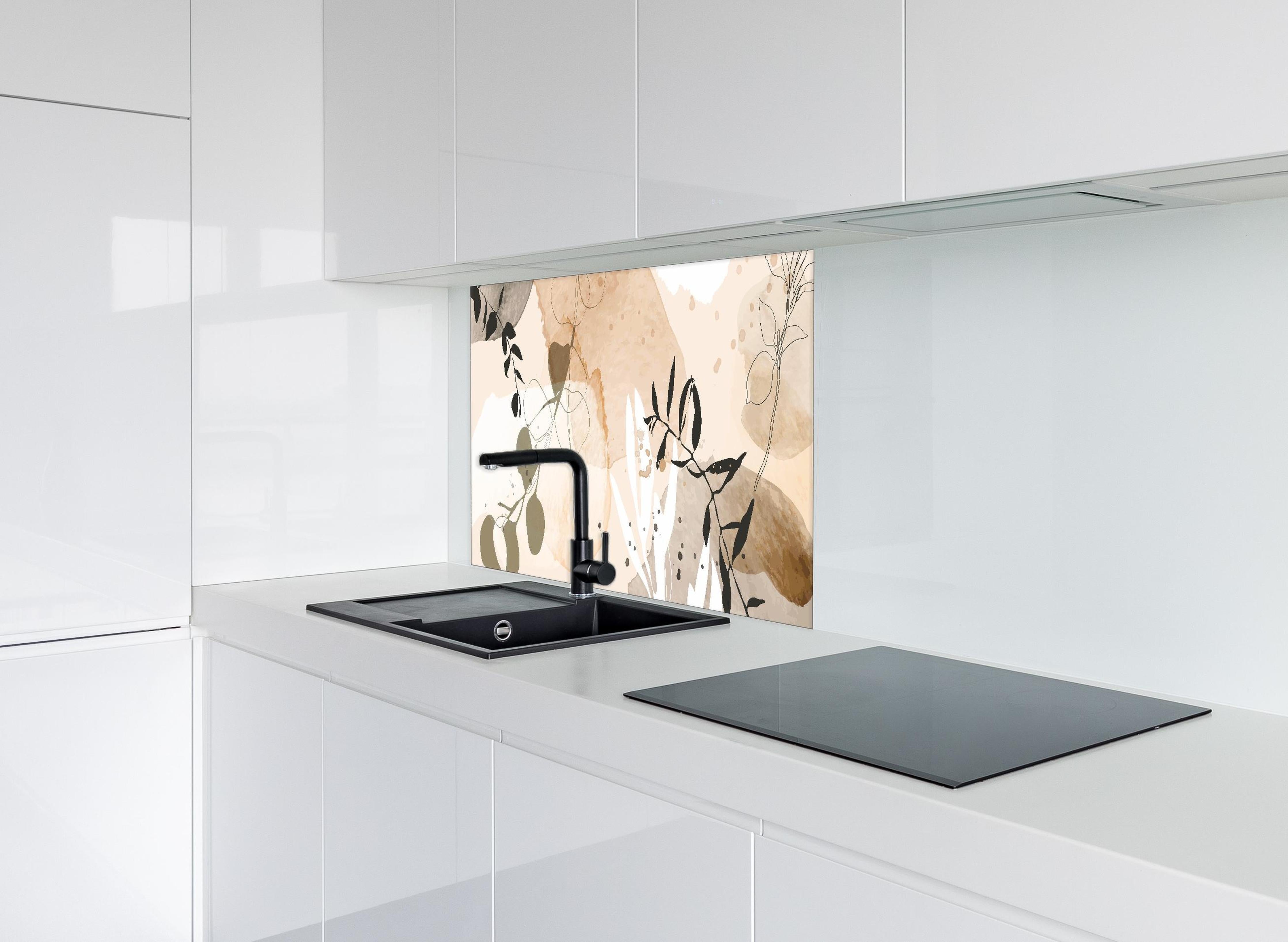 Spritzschutz - Moderne Beige-Braune Abstrakte Kunst hinter einem Cerankochfeld zwischen Holz-Kochutensilien