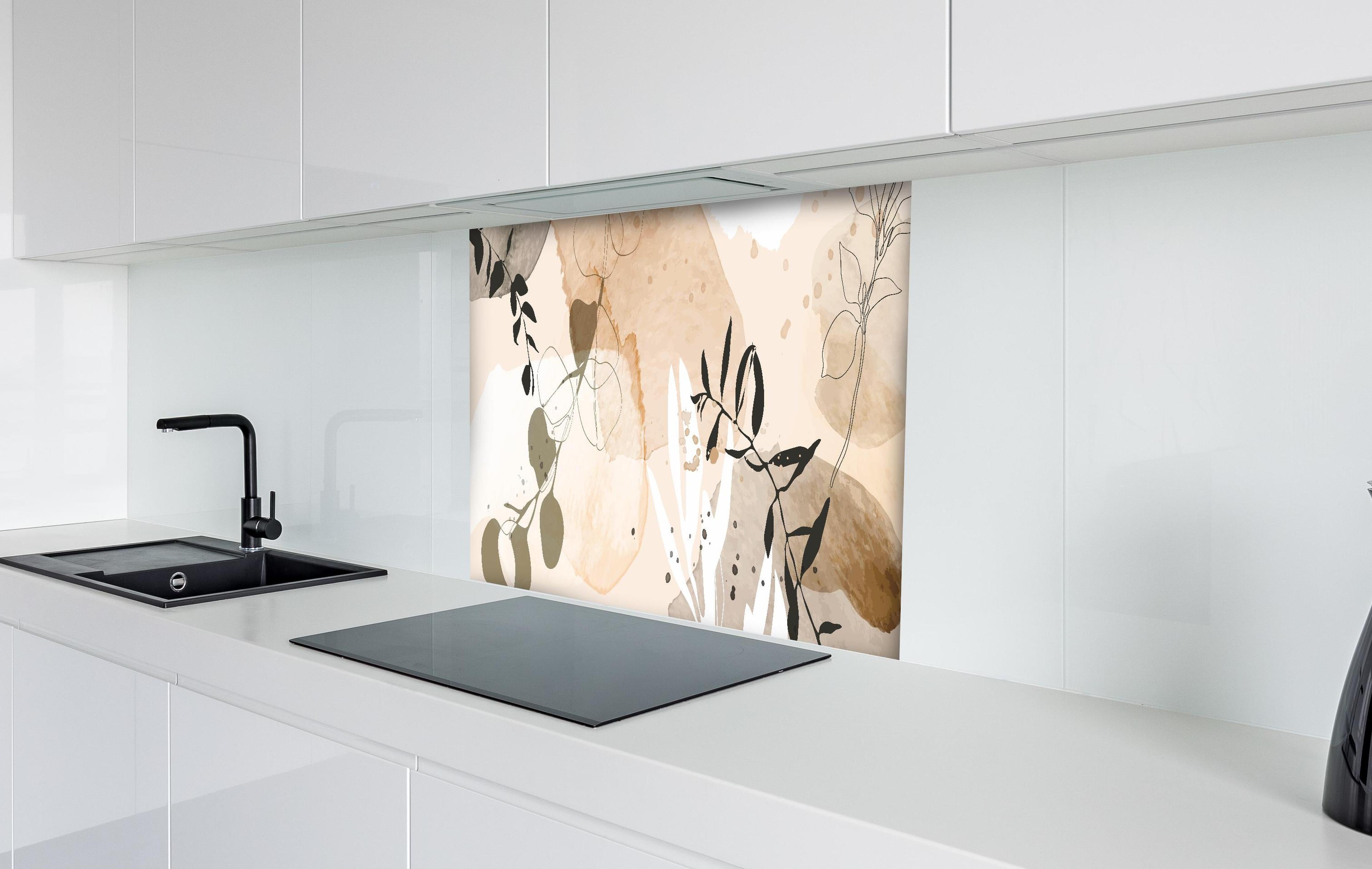 Spritzschutz - Moderne Beige-Braune Abstrakte Kunst hinter einem Cerankochfeld zwischen Holz-Kochutensilien