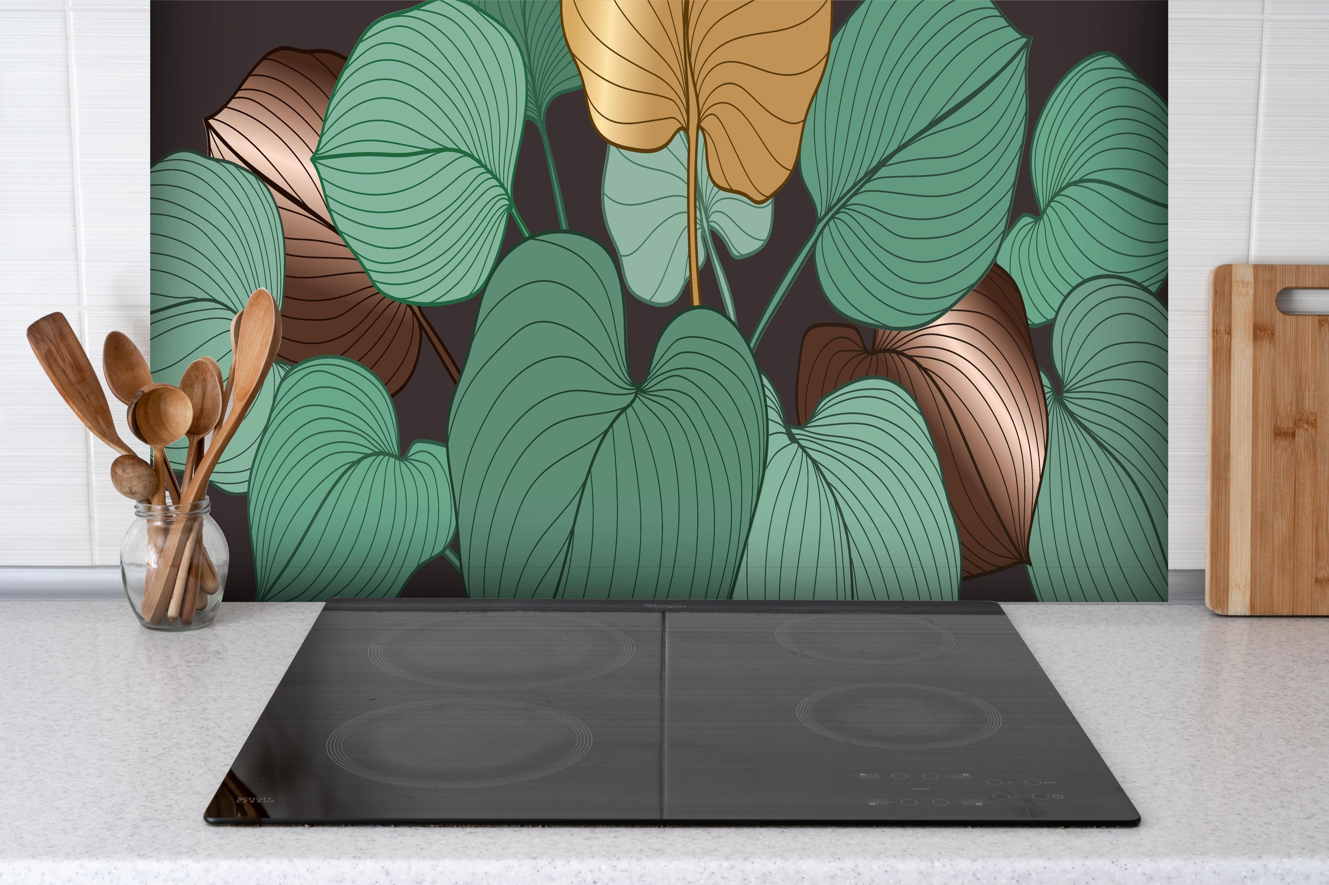 Spritzschutz - Moderne Blattlinien Kunst in Erdtönen hinter einem Cerankochfeld zwischen Holz-Kochutensilien