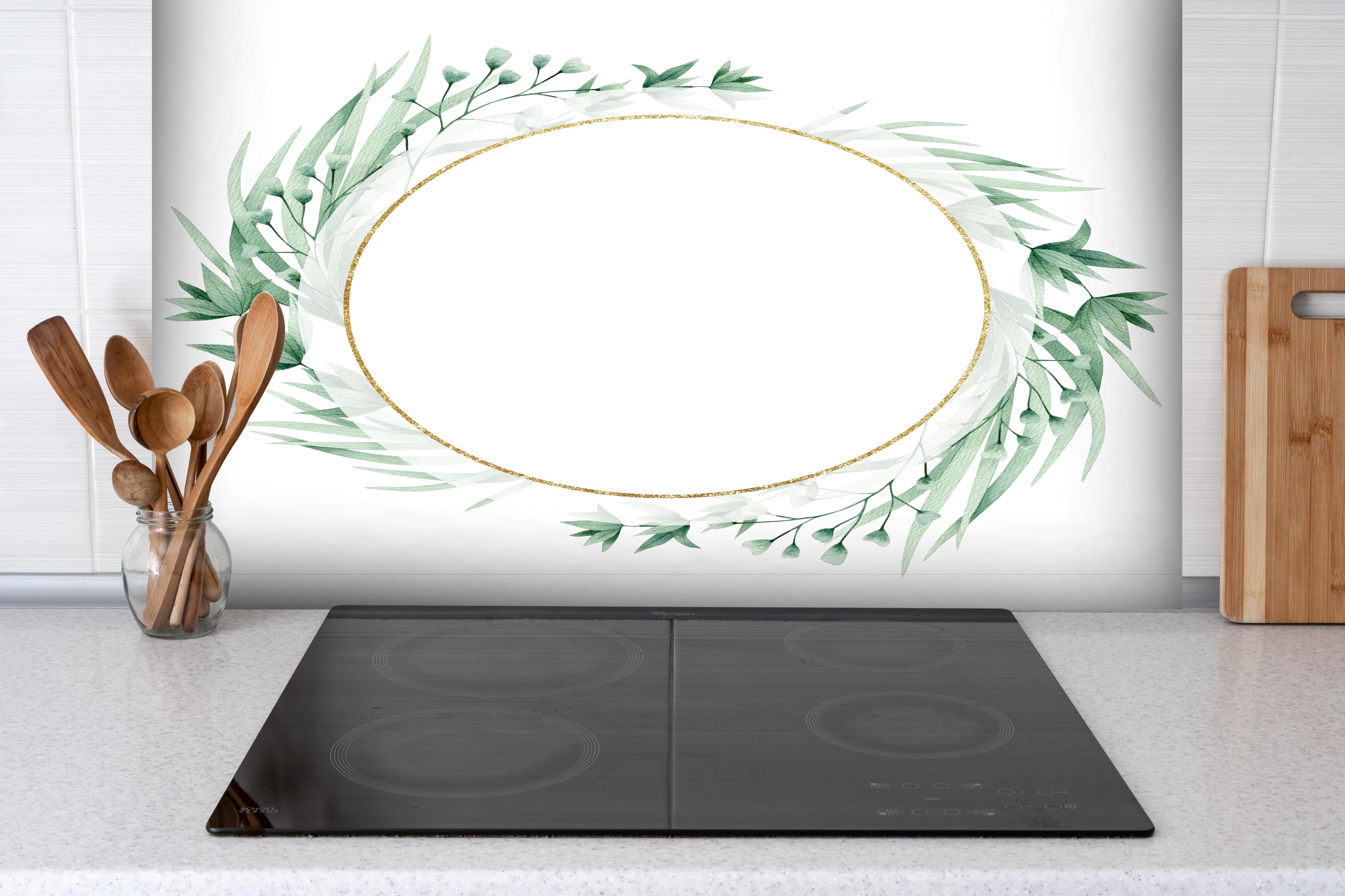 Spritzschutz - Moderne Darstellung - Aquarell hinter einem Cerankochfeld zwischen Holz-Kochutensilien