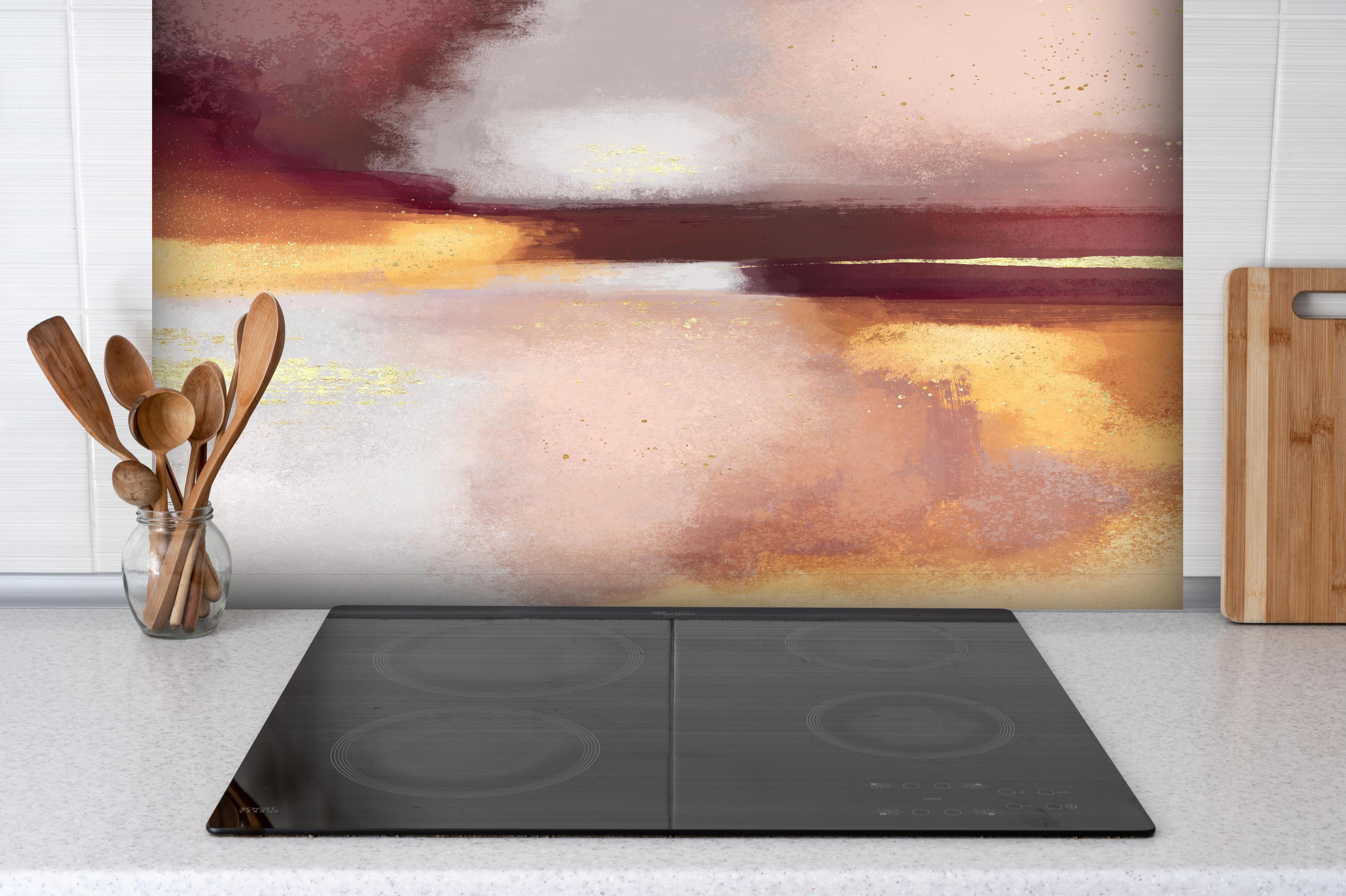 Spritzschutz - Moderne Farben - Gemälde hinter einem Cerankochfeld zwischen Holz-Kochutensilien