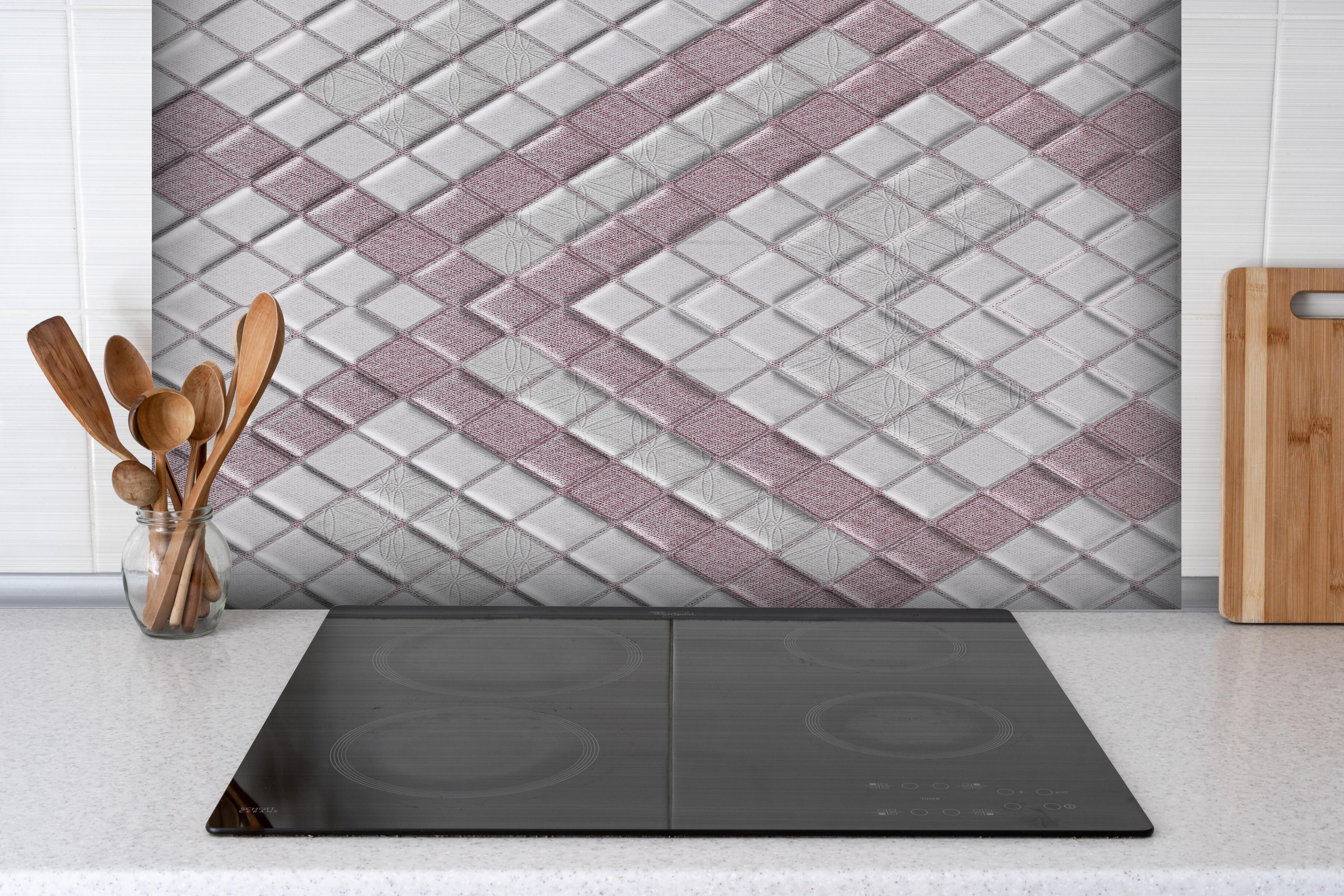 Spritzschutz - Moderne Grau-Weiße Geometrische Tapete hinter einem Cerankochfeld zwischen Holz-Kochutensilien