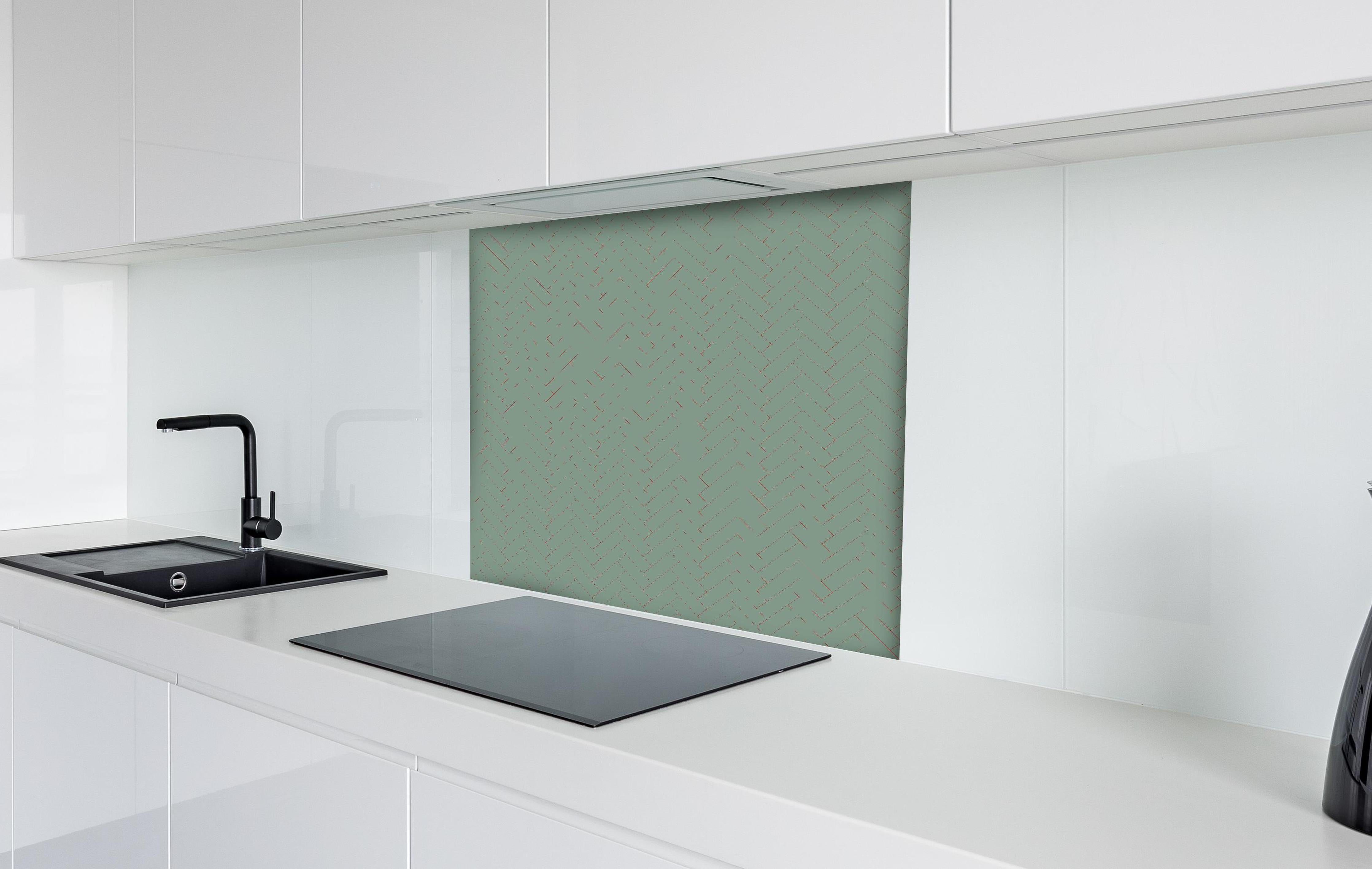 Spritzschutz - Moderne Hell-Türkis Geometrische Tapete hinter einem Cerankochfeld zwischen Holz-Kochutensilien