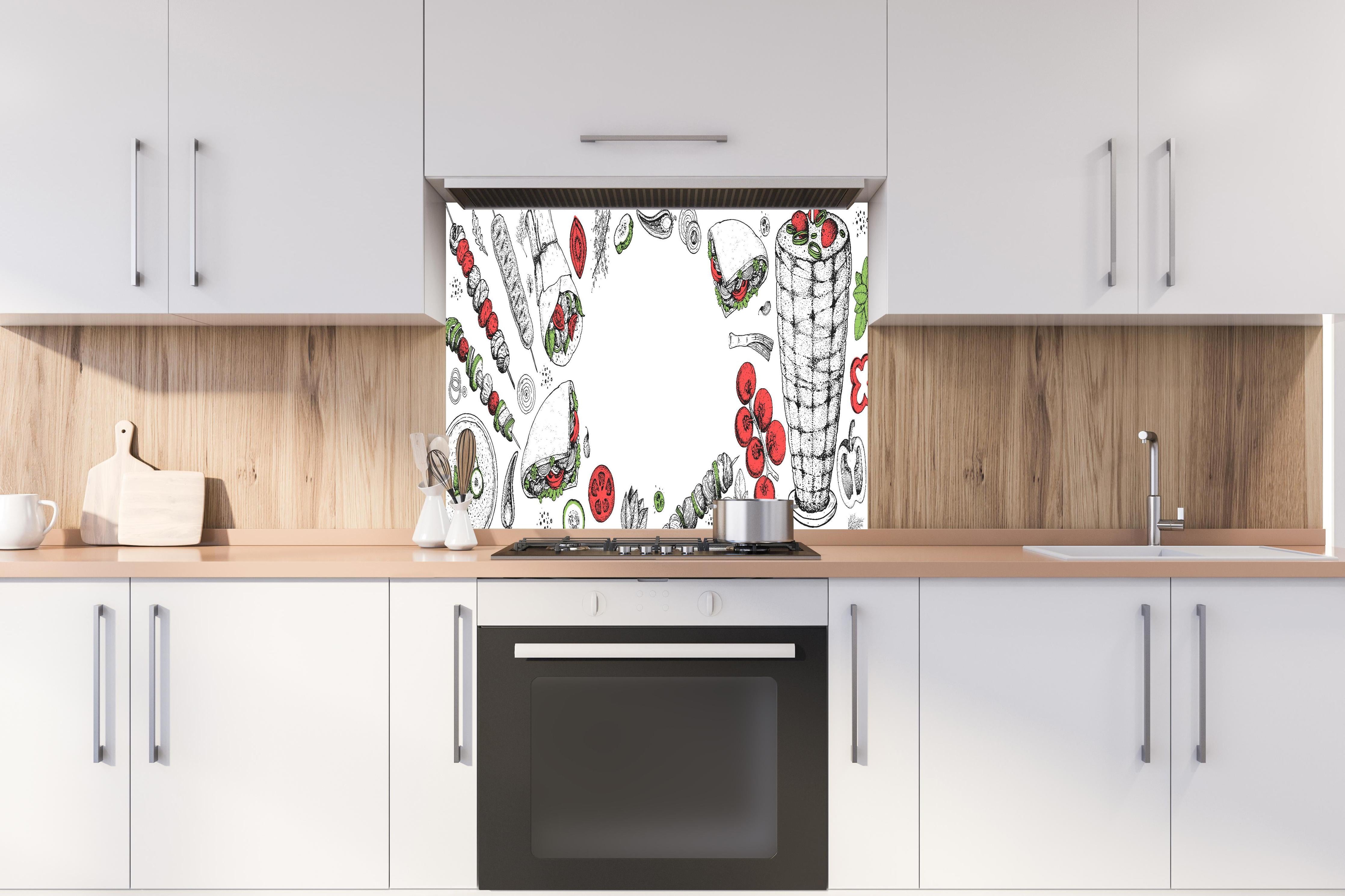 Spritzschutz - Moderne Küchen-Kunst Schwarz-Weiß Zeichnung hinter einem Cerankochfeld zwischen Holz-Kochutensilien