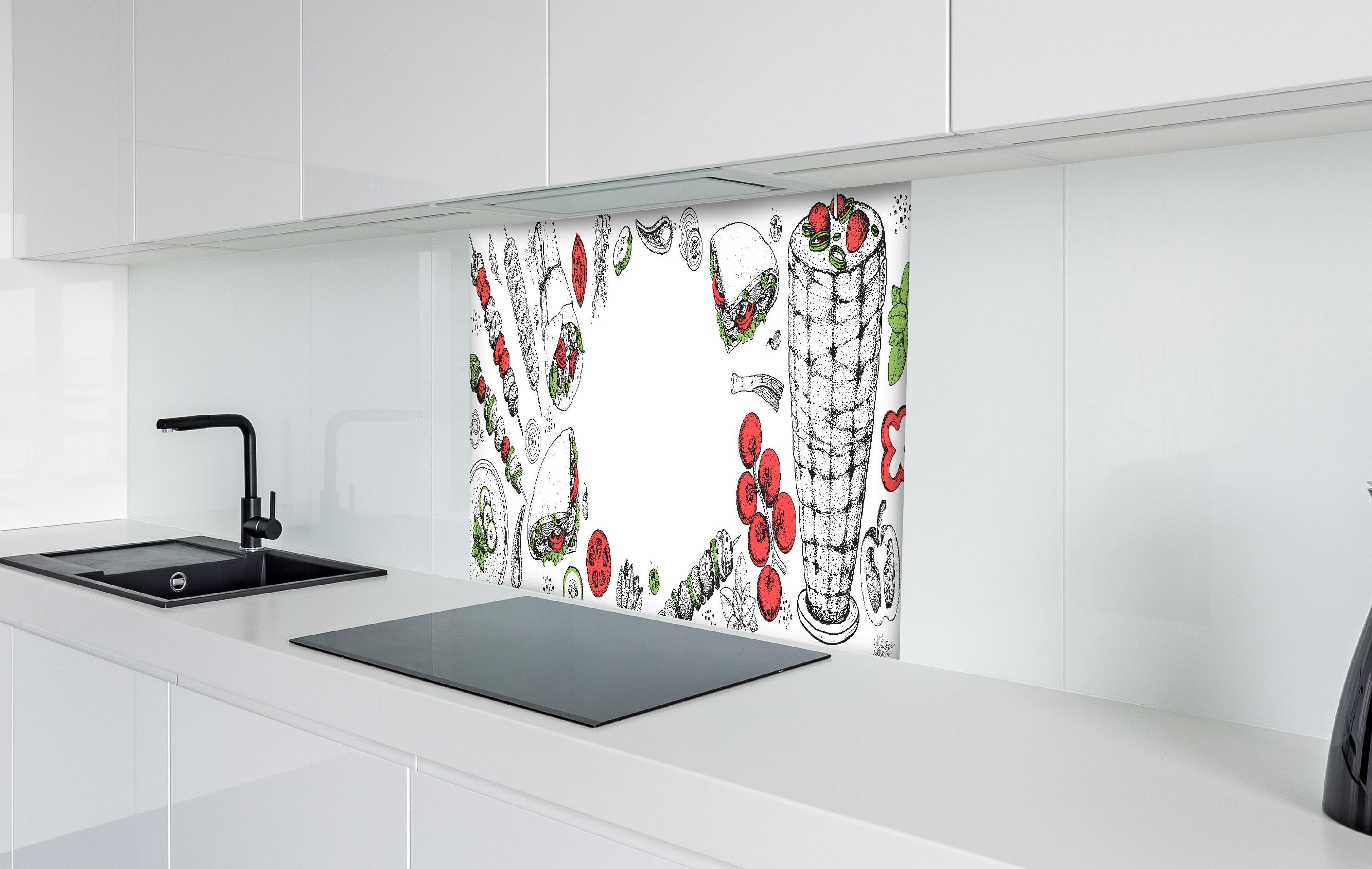 Spritzschutz - Moderne Küchen-Kunst Schwarz-Weiß Zeichnung hinter einem Cerankochfeld zwischen Holz-Kochutensilien