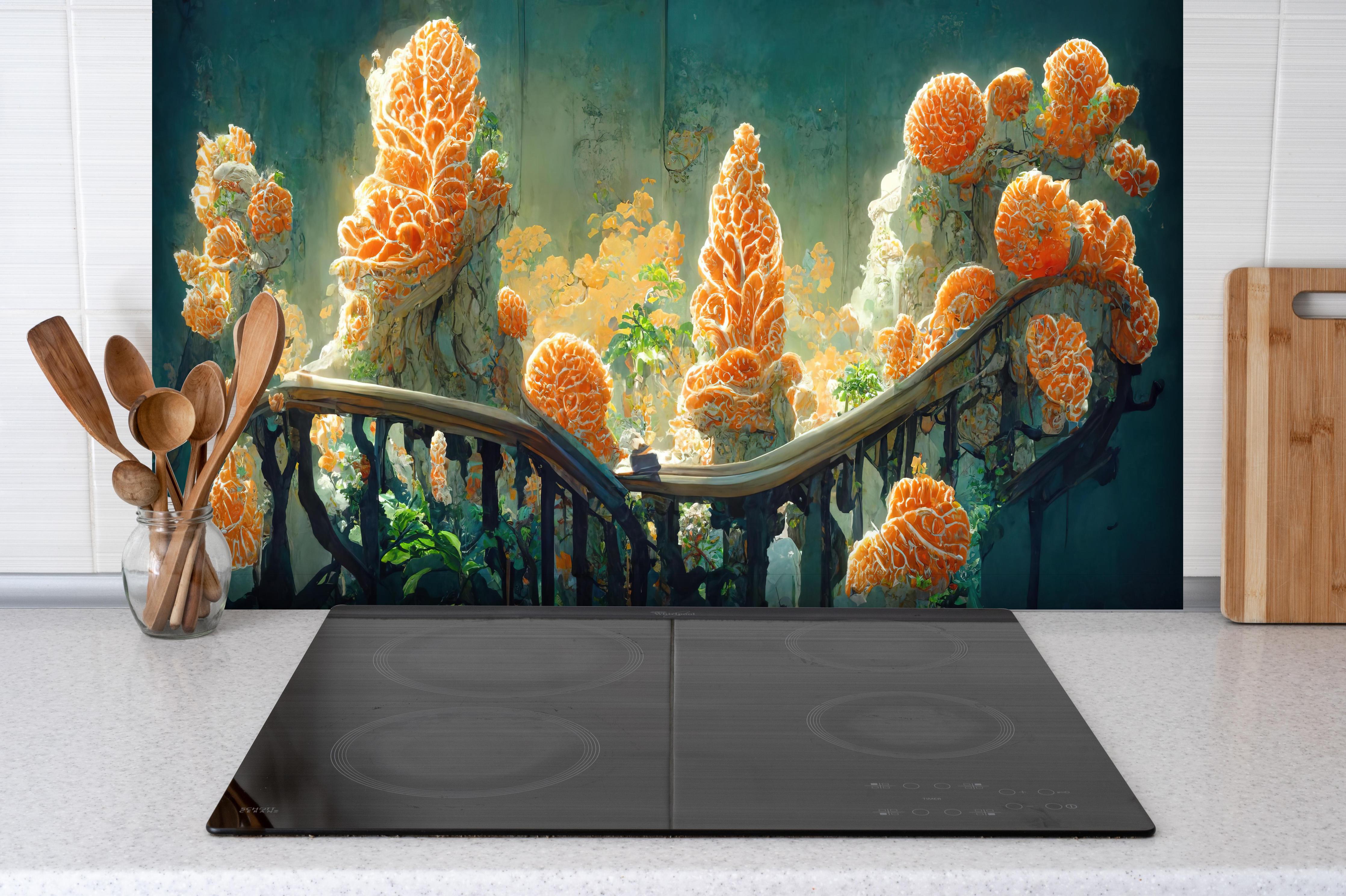 Spritzschutz - Moderne Kunst - Kakteen hinter einem Cerankochfeld zwischen Holz-Kochutensilien