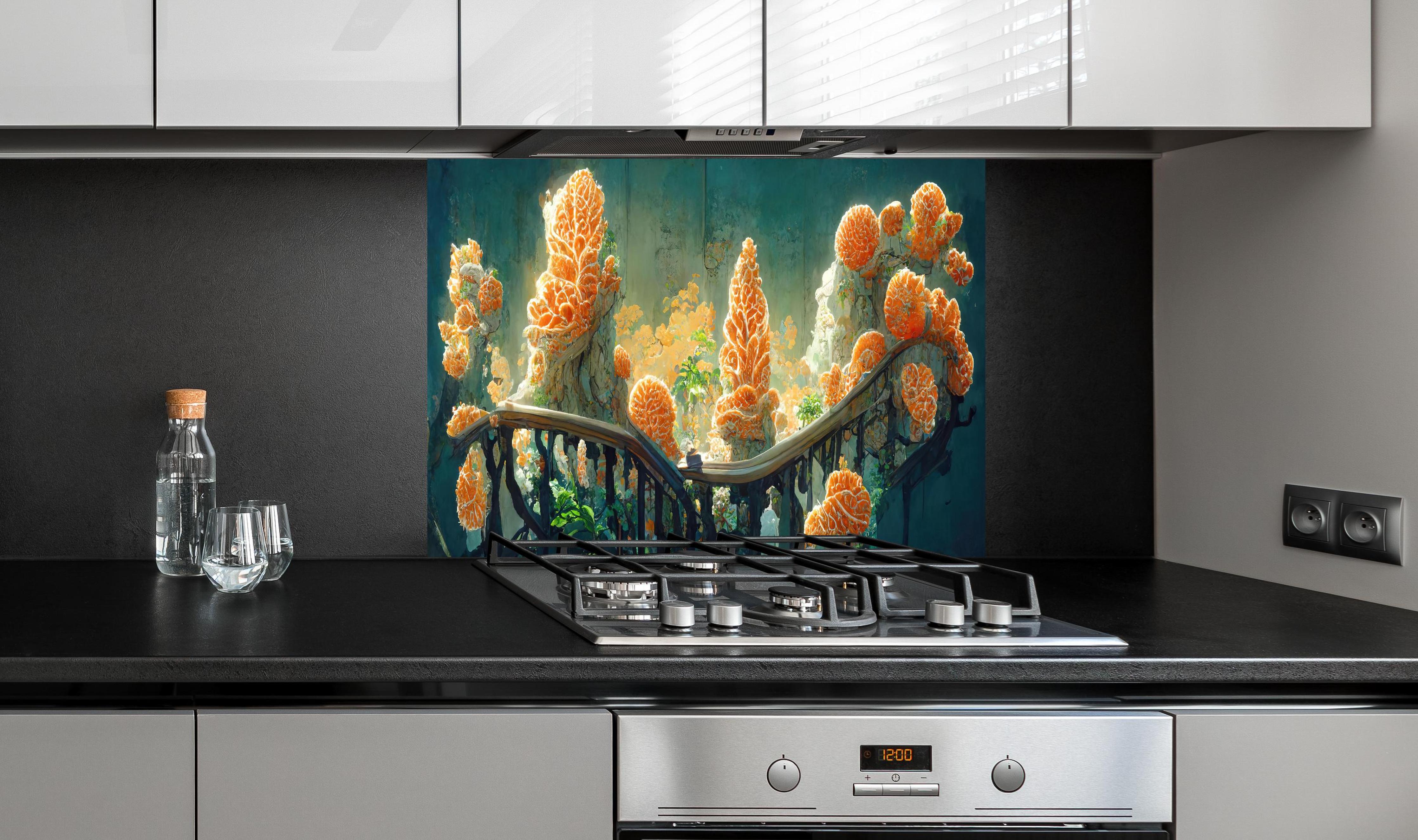 Spritzschutz - Moderne Kunst - Kakteen hinter einem Cerankochfeld zwischen Holz-Kochutensilien