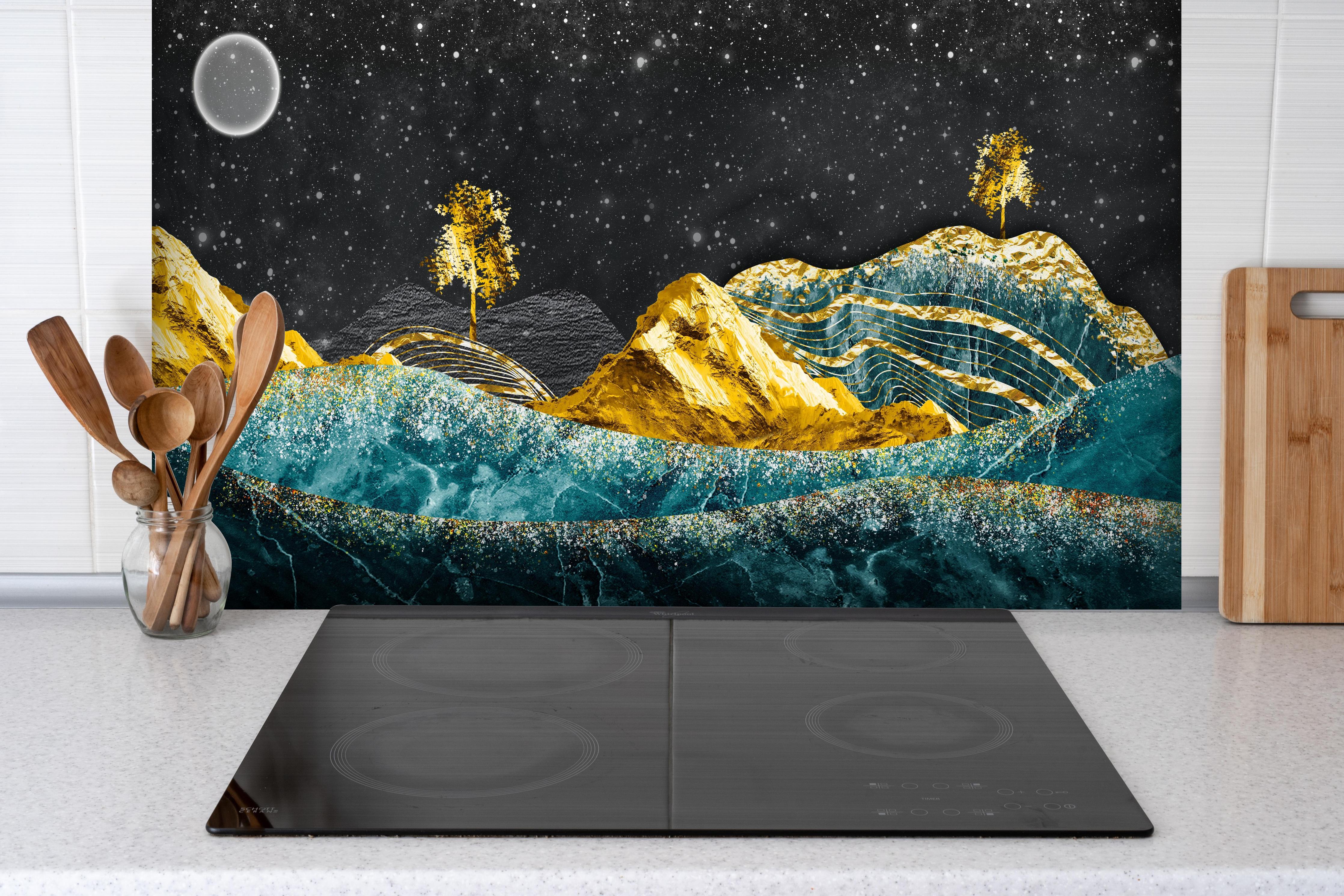 Spritzschutz - Moderne Kunst - Landschaft hinter einem Cerankochfeld zwischen Holz-Kochutensilien