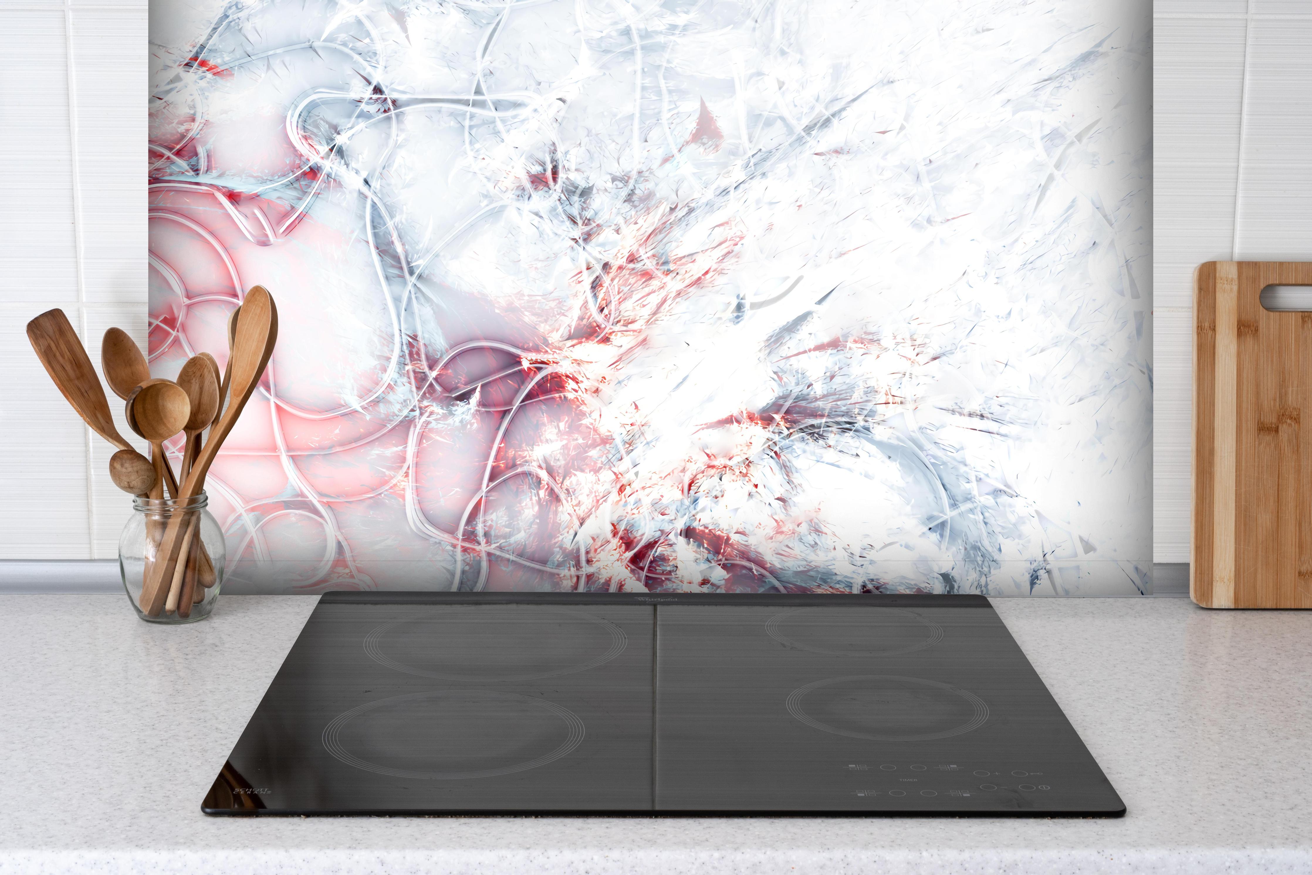 Spritzschutz - Moderne Kunst - abstrakt hinter einem Cerankochfeld zwischen Holz-Kochutensilien