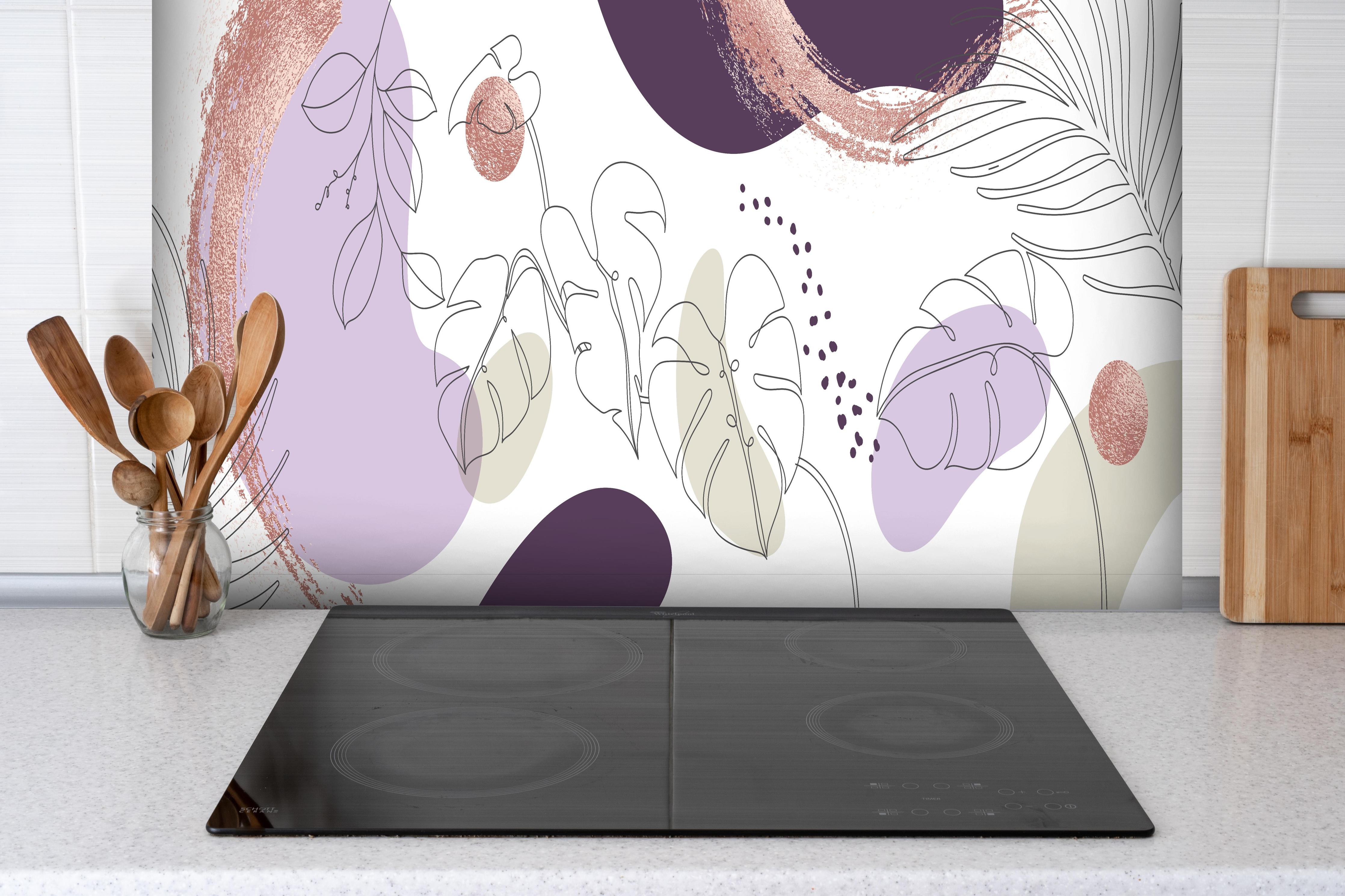 Spritzschutz - Moderne Pastellfarben Illustration Kunstdruck hinter einem Cerankochfeld zwischen Holz-Kochutensilien