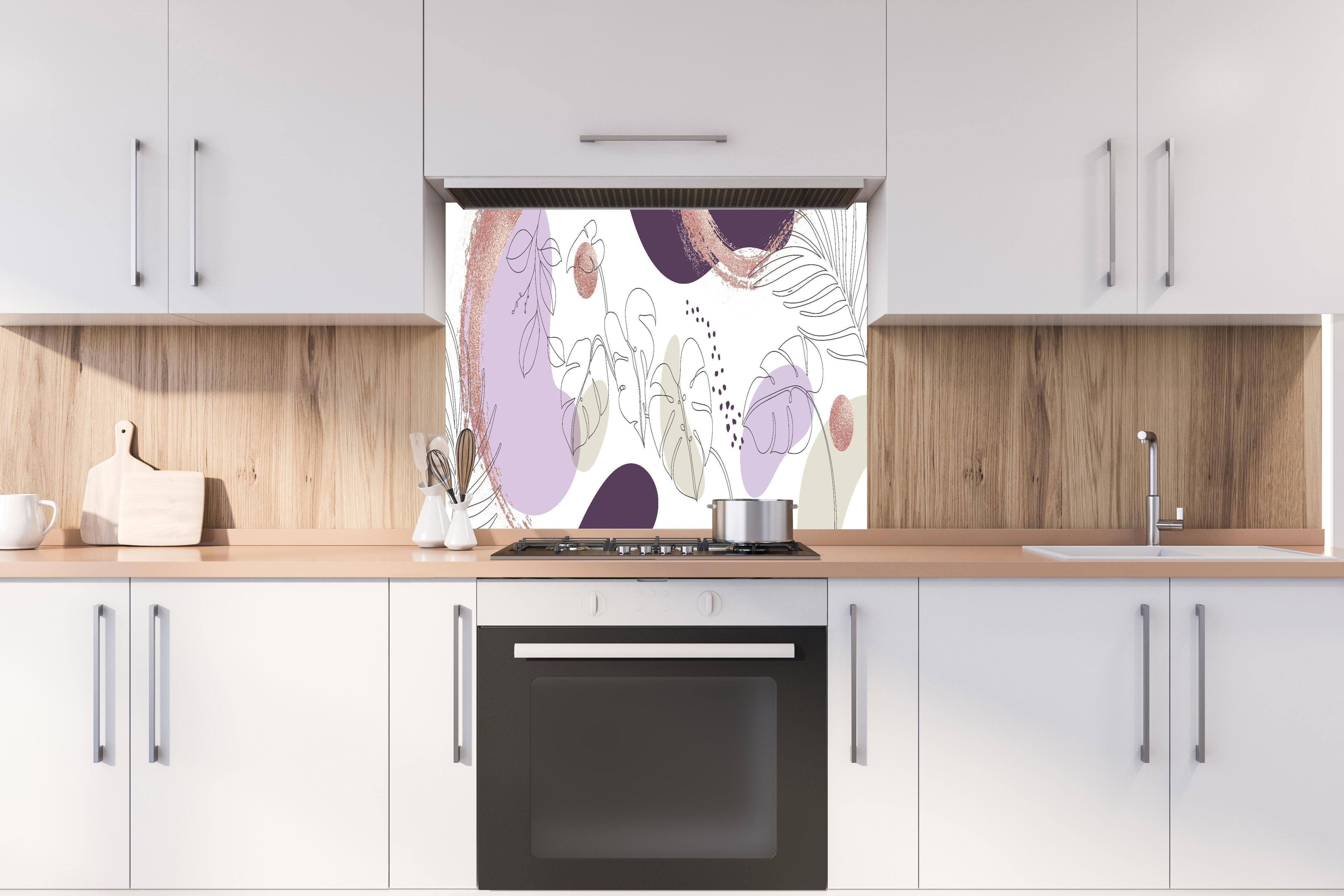 Spritzschutz - Moderne Pastellfarben Illustration Kunstdruck hinter einem Cerankochfeld zwischen Holz-Kochutensilien