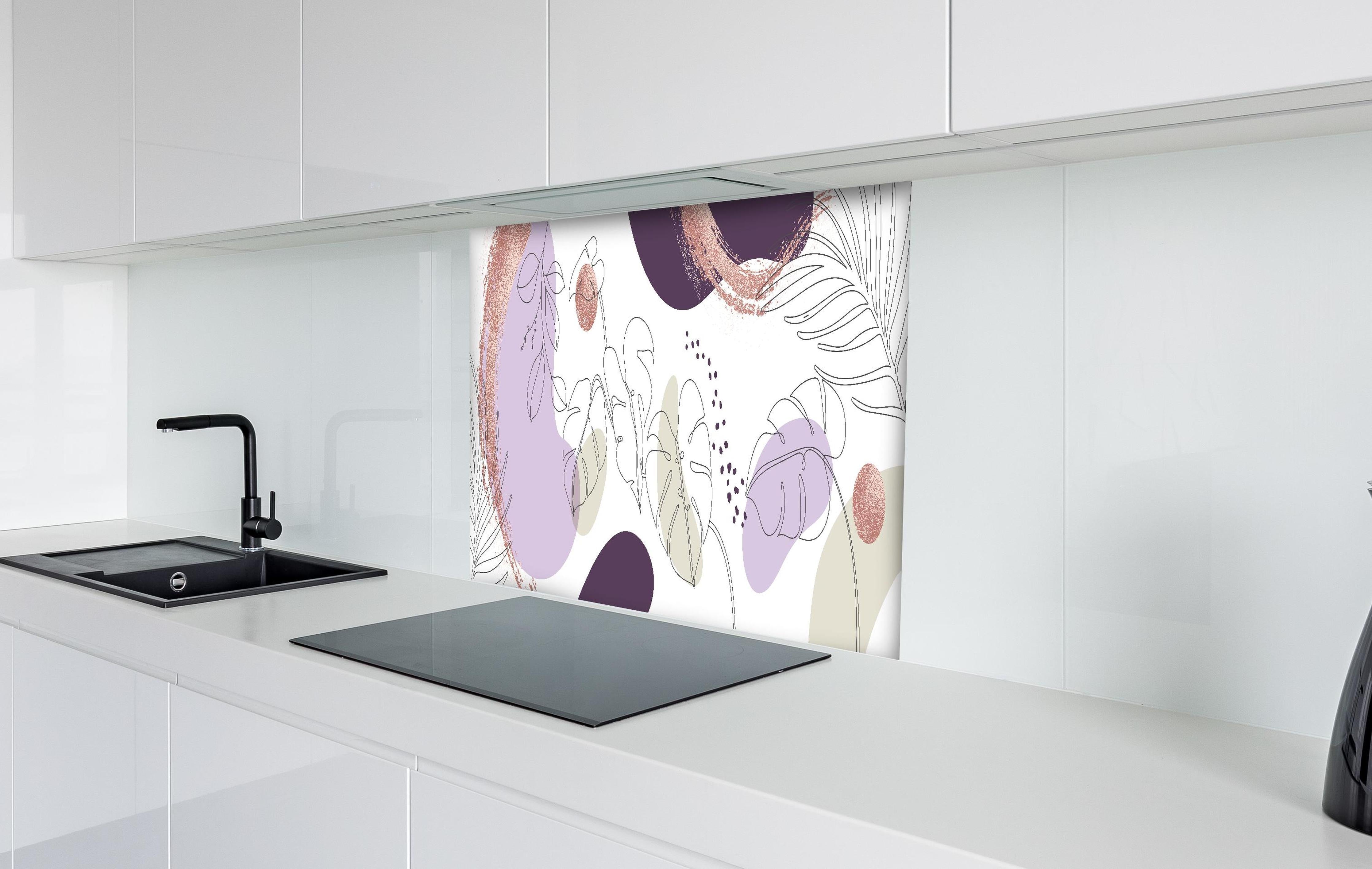 Spritzschutz - Moderne Pastellfarben Illustration Kunstdruck hinter einem Cerankochfeld zwischen Holz-Kochutensilien