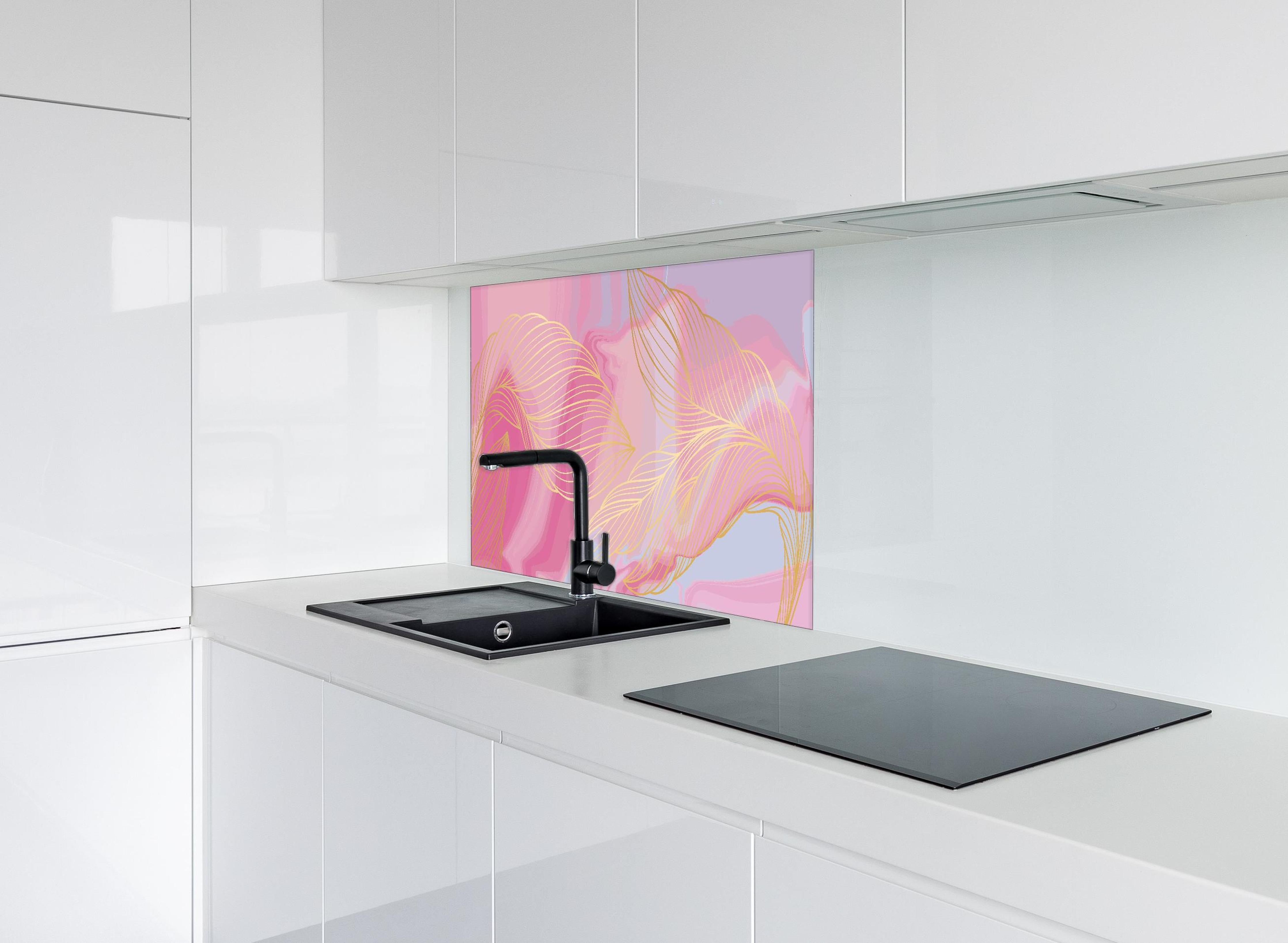 Spritzschutz - Moderne Rosa und Gelbe Wellenlinien Kunst hinter einem Cerankochfeld zwischen Holz-Kochutensilien