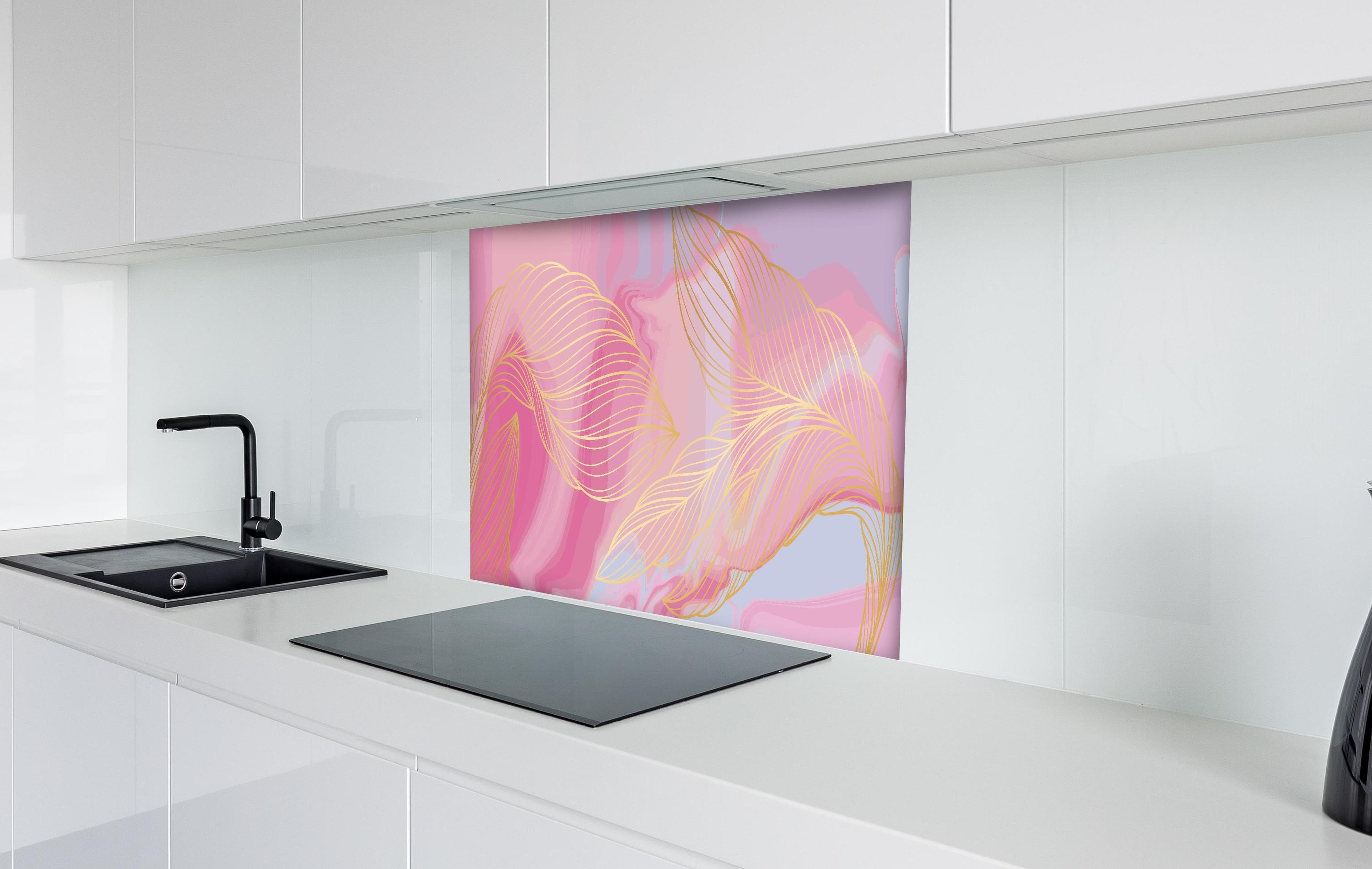 Spritzschutz - Moderne Rosa und Gelbe Wellenlinien Kunst hinter einem Cerankochfeld zwischen Holz-Kochutensilien