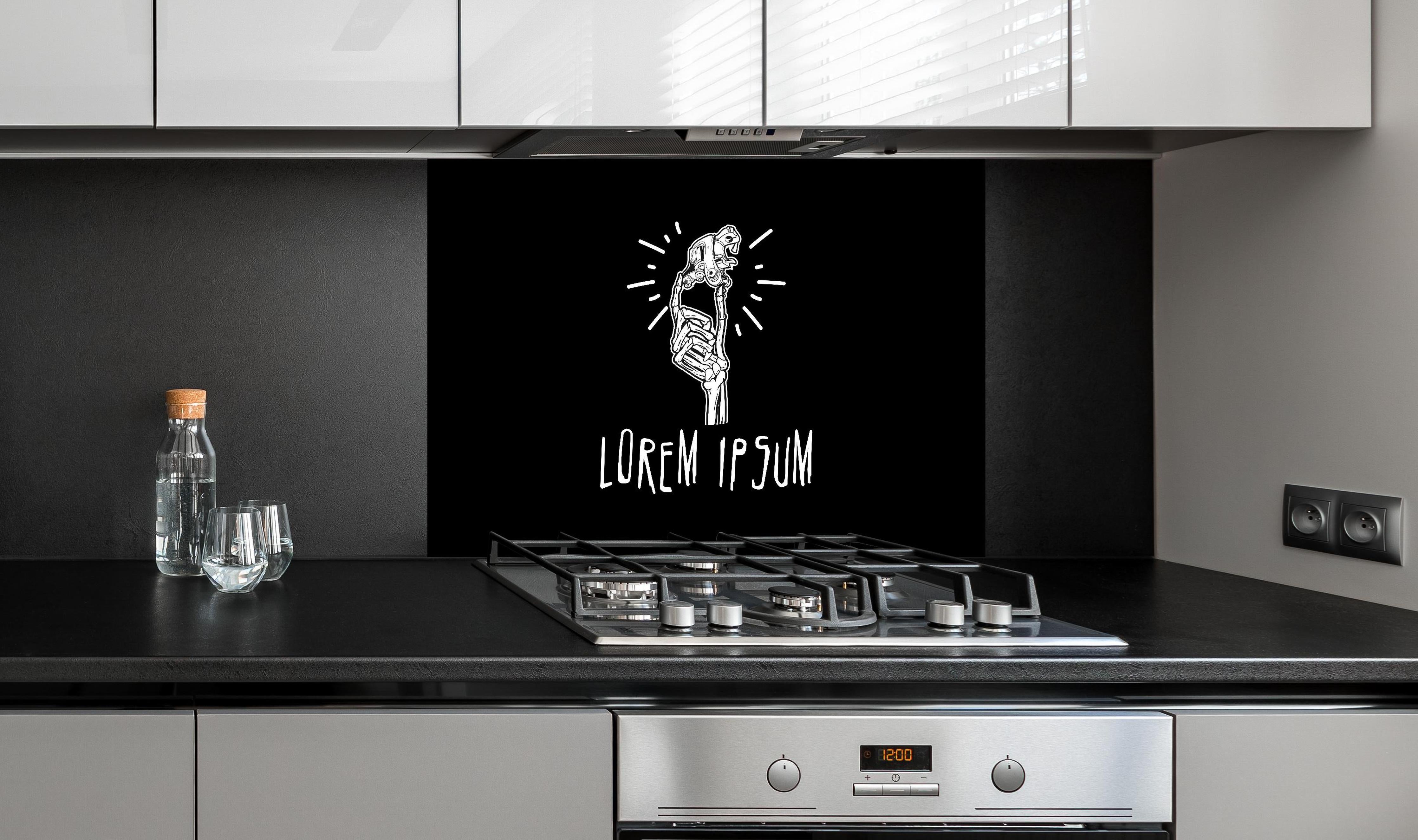Spritzschutz - Moderne Schwarz-Weiß-Illustration Linienkunst hinter einem Cerankochfeld zwischen Holz-Kochutensilien