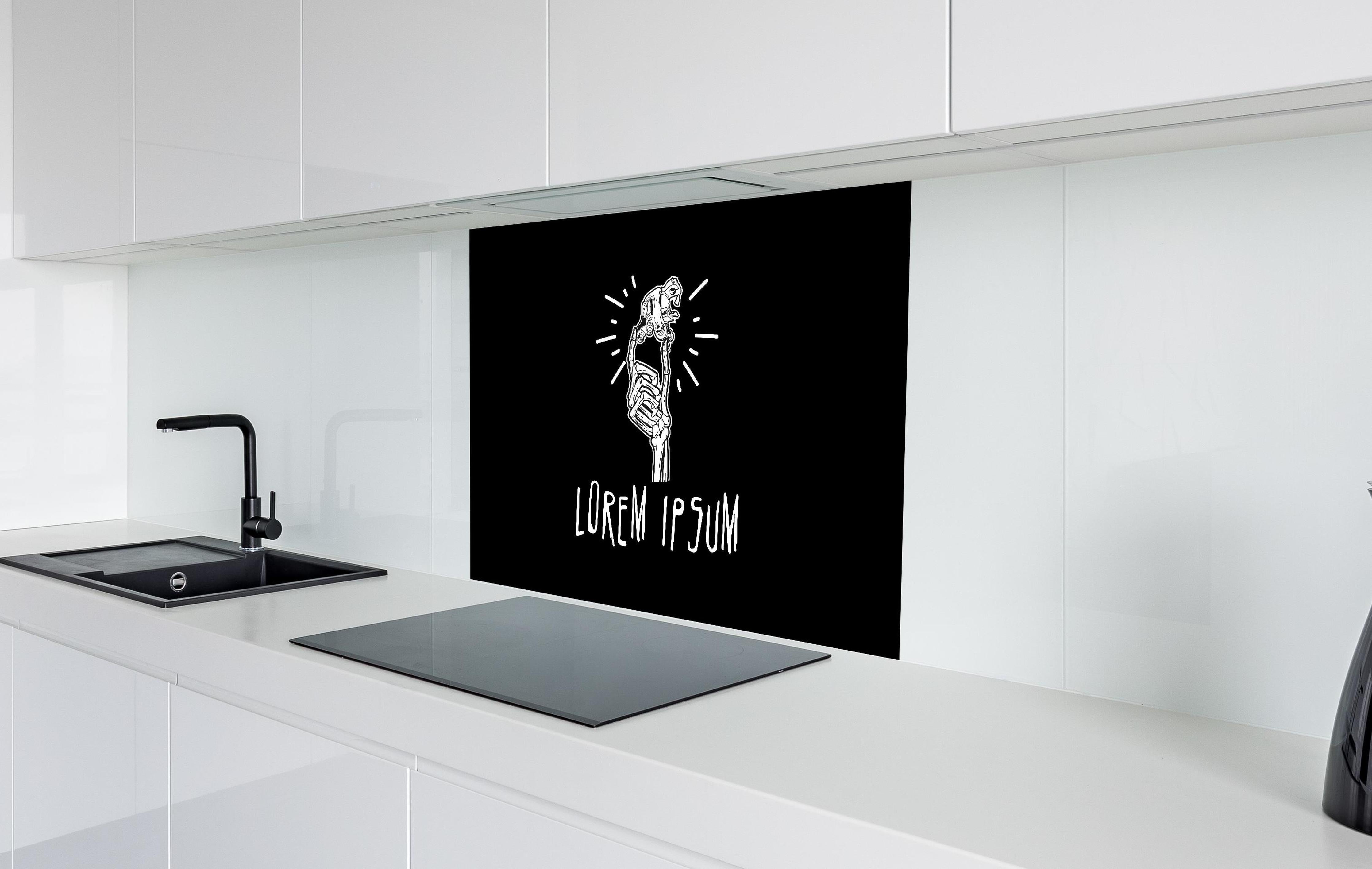 Spritzschutz - Moderne Schwarz-Weiß-Illustration Linienkunst hinter einem Cerankochfeld zwischen Holz-Kochutensilien
