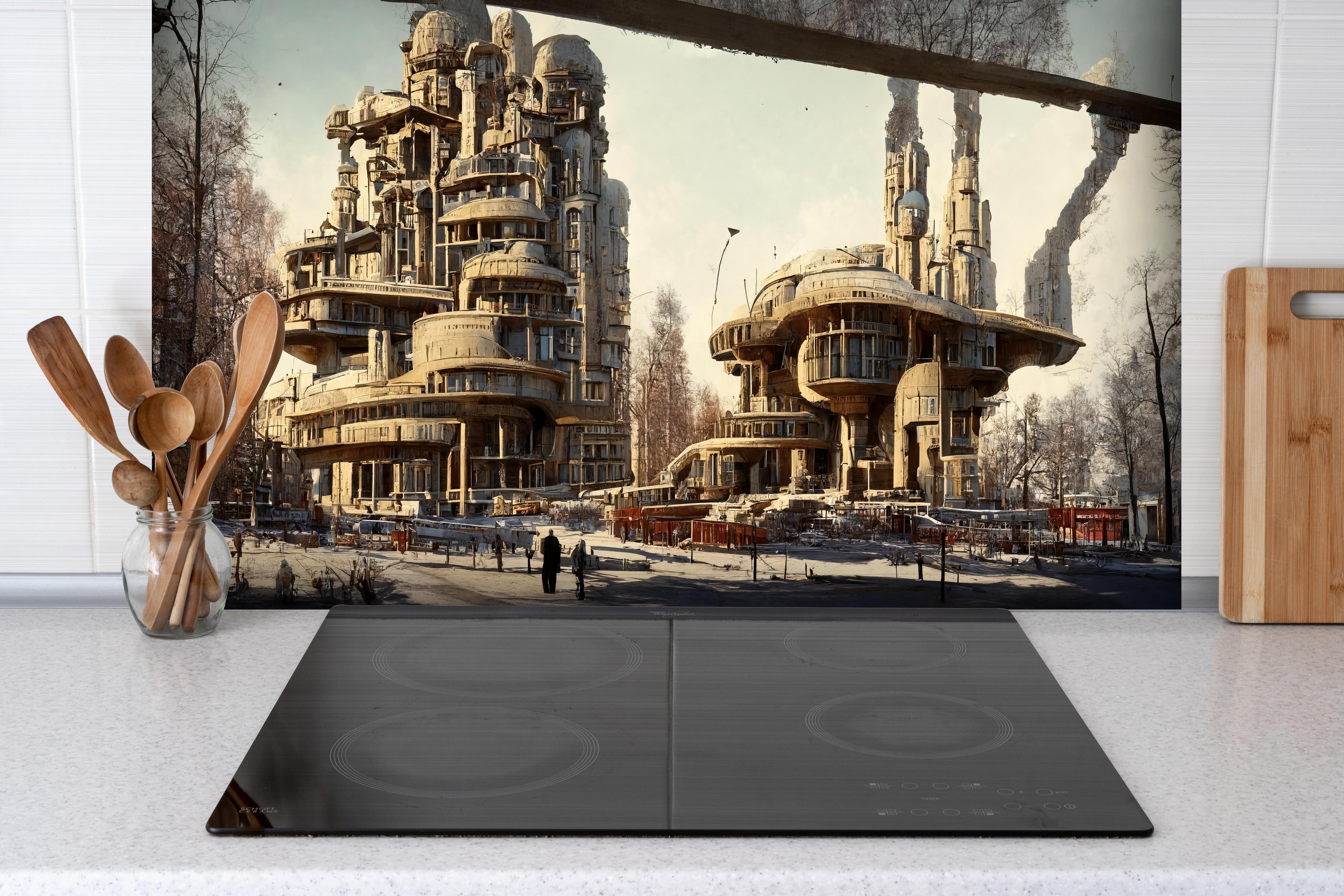 Spritzschutz - Moderne Stadt in der Zukunft hinter einem Cerankochfeld zwischen Holz-Kochutensilien