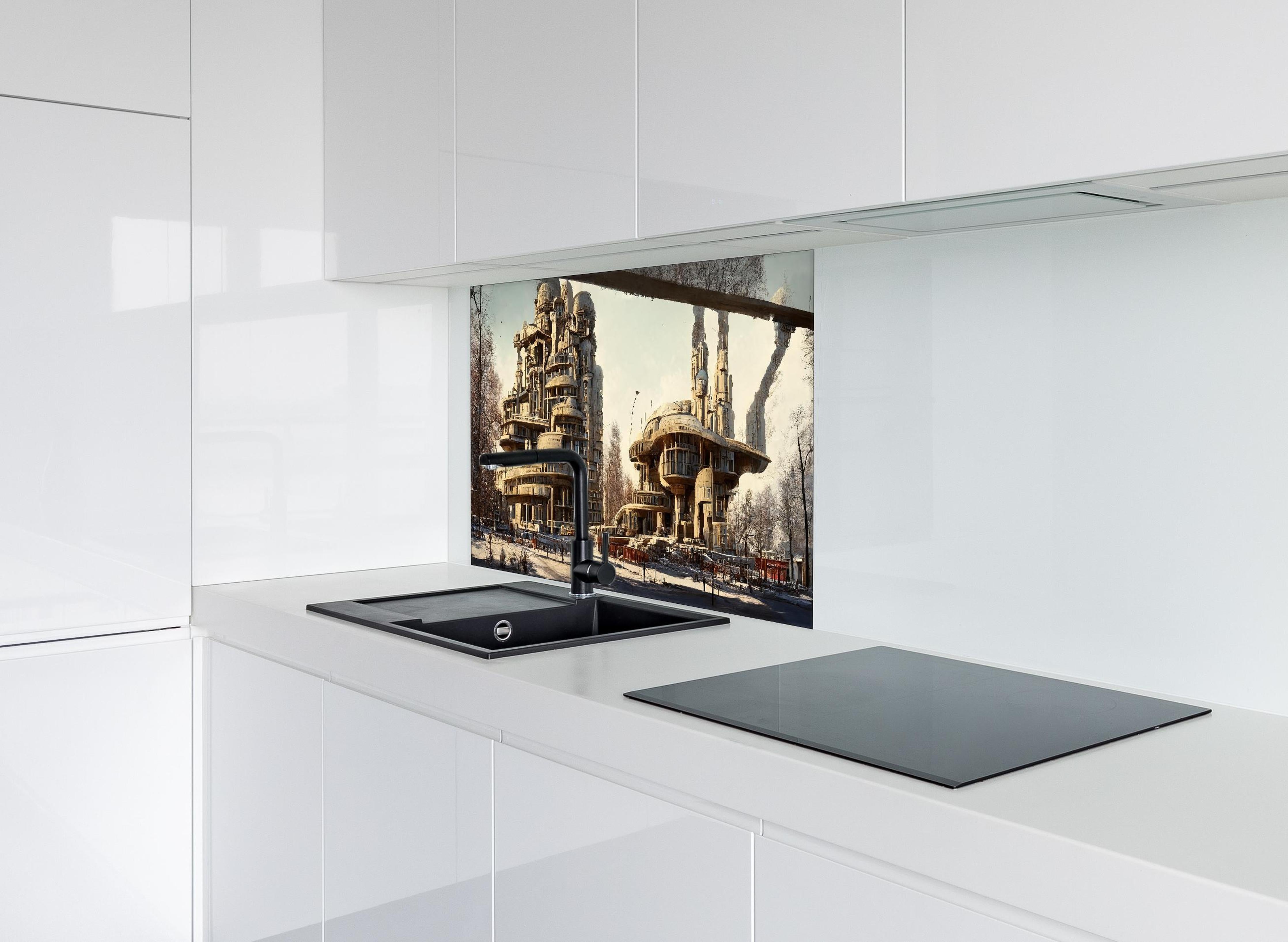 Spritzschutz - Moderne Stadt in der Zukunft hinter einem Cerankochfeld zwischen Holz-Kochutensilien