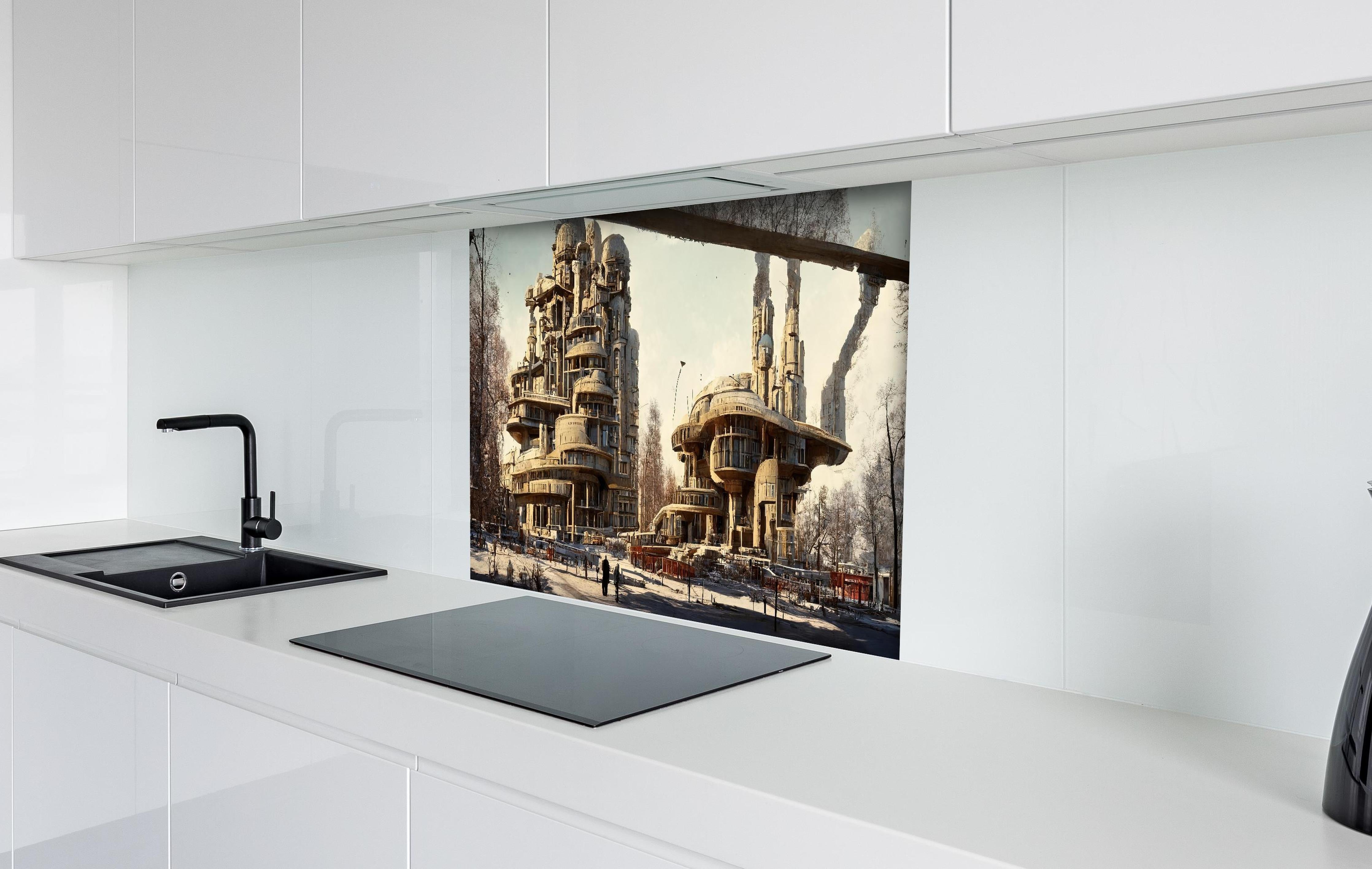 Spritzschutz - Moderne Stadt in der Zukunft hinter einem Cerankochfeld zwischen Holz-Kochutensilien