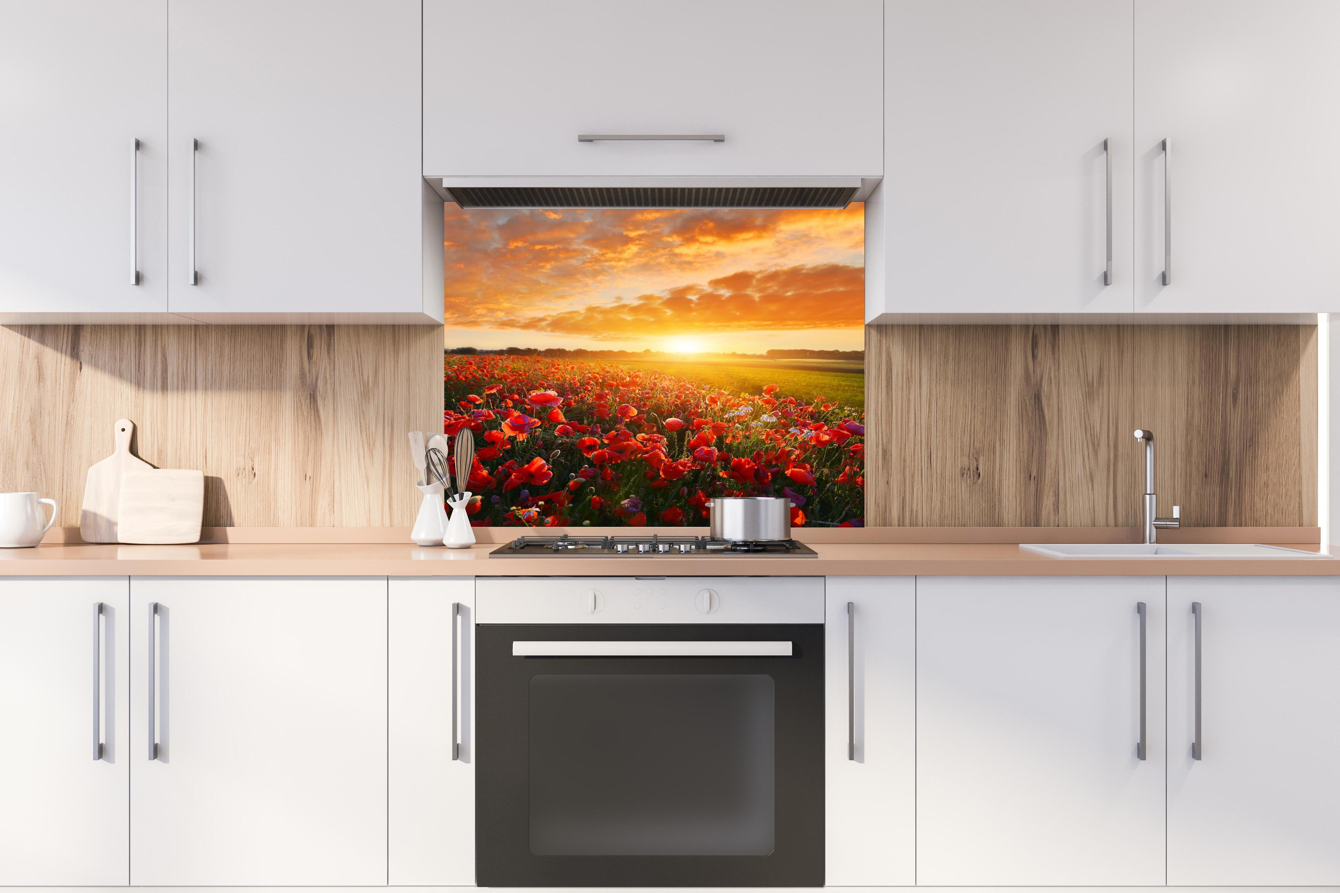 Spritzschutz - Mohnblüten bei Sonnenaufgang in Kassel hinter einem Cerankochfeld zwischen Holz-Kochutensilien