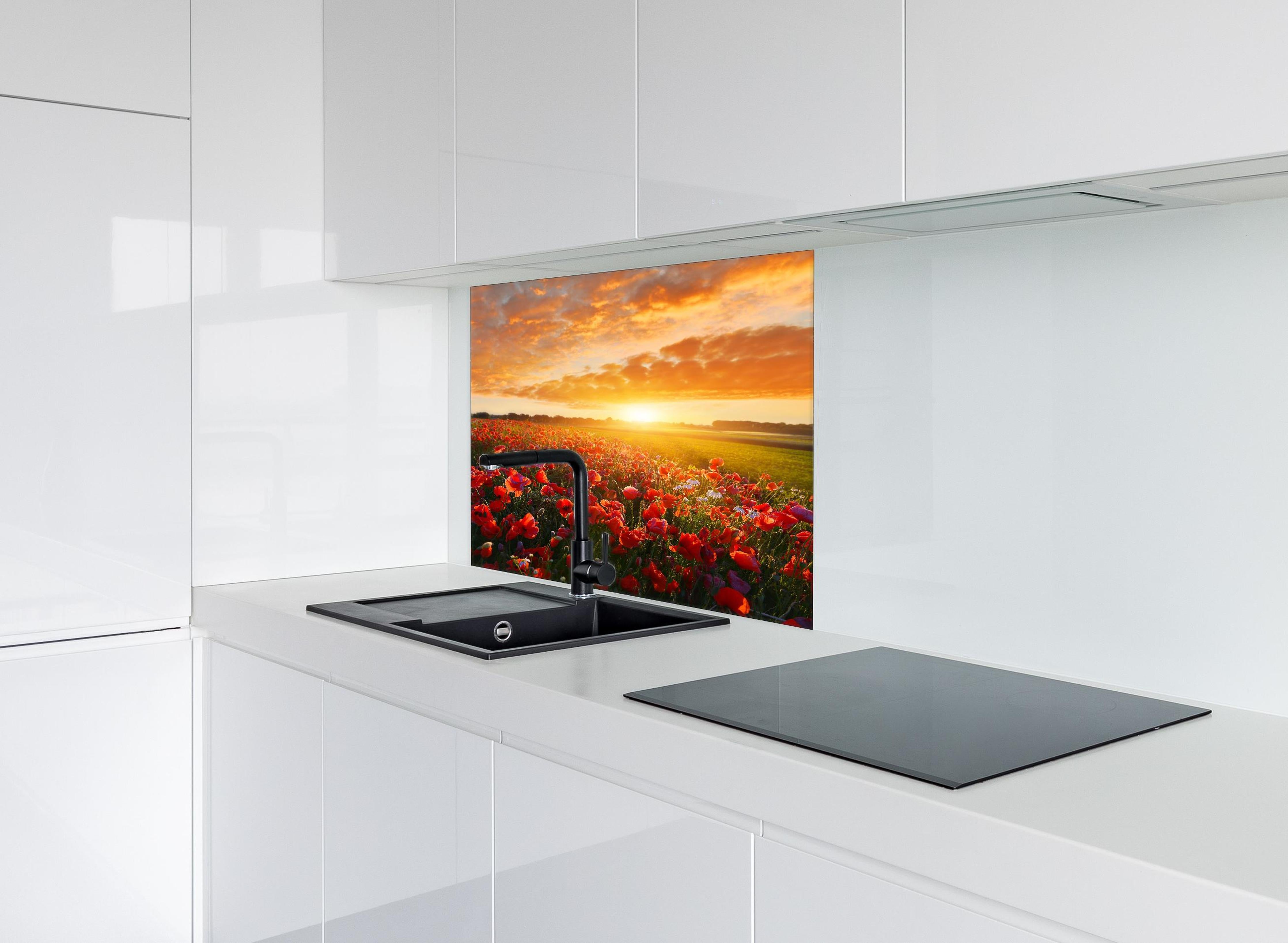 Spritzschutz - Mohnblüten bei Sonnenaufgang in Kassel hinter einem Cerankochfeld zwischen Holz-Kochutensilien