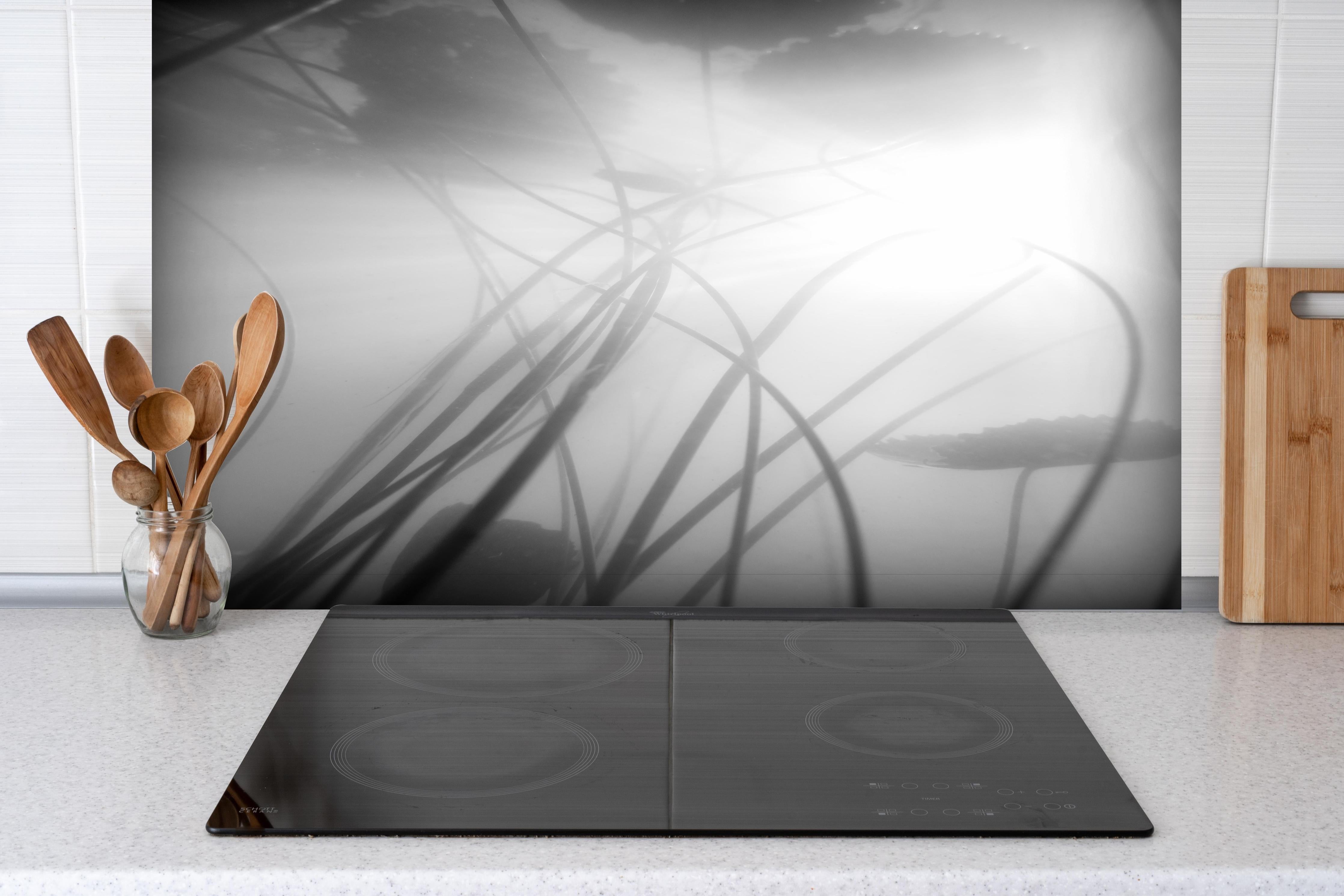 Spritzschutz - Monochrome Seerose mit dunkler Spiegelung hinter einem Cerankochfeld zwischen Holz-Kochutensilien